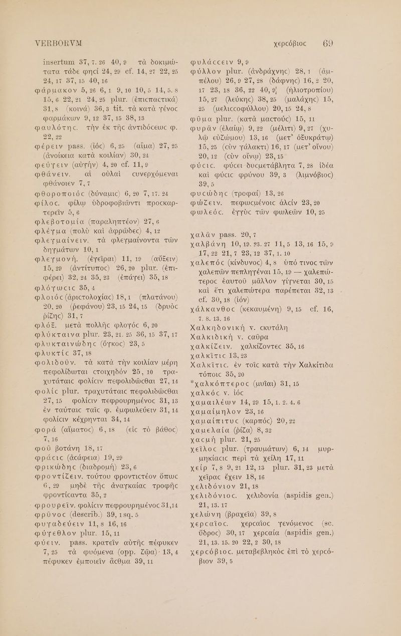 insertum 37,7.26 40,9 Trà Óoxiud- TürQ TÀbe nci 24,29 cf. 14,97 22,295 24, 11 91,15 40, 16 póápuakov 5,26 6,1 9,10 10,5 14,5.8 15,6 92,21 24,25 plur. (émicmacrikd) 31,8 (kotwd) 836,3 tit. cà kxocà vévoc qoapudkuv 9,12 37,15 38,13 pauAócTnc. Tv Ék rf|c üvribÓceuc q. 22. 39 Qépeiv pass. (ióc) 6,25. (aiua) 27, 25 (&amp;votikeia xarà xouMav) 30, 24 peureiv (aU rv) 4,20 cf. 11,9 pOóGveiv. | ai oUÀai cuvepxóuevat qOóvotev 1,1 «o90pomoióc (óUvapuc) 6,20. 7, 17. 24 qQíXoc. qiu $5popoBubvri Tpockap- Tepelv 5,6 pAegBocvouta (mapoAwmréov) 27,6 qpAérTvua (roÀo xai &amp;qpübec) 4, 12 QpAevruaiveiv. TÀ qgAÀe[uatvovra TU)V ónrudruv 10,1 qpAeruovn. (épeipa) 11,19 (aÜUEew) 15,29 (üvrirumoc) 26,920 plur. (émi- qépe) 32,24 85,23 (émde) 35,18 QpAóruwcic 35,4 qAÀoióc(ópicroAoxtac) 8,1. (rAavávov) 20,20 (peqávou) 23,15 24,15 (bpvóc pizno) 31,7 QAÀOÓE. uerà moÀM|]c qAÀovóc 6,20 qQAUxkcTa1iva plur. 23,91. 95. 86,15 87,17 qQAuxcaivui bnc (Órkoc) 23,5 QAuxtic 37, 18 «ooAÀi1500v. TÀà karà Tv xouMav uépmn meqpoAióurai croixnóóv 25,10 Tpa- xutáTaiCc QoÀiciv meqpoMoótcOoi 27, 14 «oAíc plur. *paxuráraic mepoliótocOot 21,15 qoAiav megpoupnuévoc 31, 18 év raUTQiC TOÀC Q. éuguAeueiy 31, 14 qoAicv kéxyprvroi 34, 14 «oopáà (atuoroc) 6,18 (eic vó fó0oc) 1, 16 «Qoó6 Boróvn 18,1: Qppócic (&amp;cágeia) 19, 29 Qpikuónc (ó1:105poun) 23,6 qQpovTtiZeiv. roUTOU qpovrictéov ÓTUJC 6,29 unóé Tf|c ávo[xatac cTpogf|c qppovticavra 35,9 qpoupeiv. poAiav mreppoupnuévoc 51,14 QpOvoc (deserib.) 39, 1sq. 5 qQuraóecuUetiv 11,8 106, 16 qQuUre0Aov plur. 15,11 Qütciv. pass. kpaceiv aUTf|c méquxkev 7,25 *à «dquvuóueva (opp. Züa): 13,4 méqukev éumoteiv GcOua. 39, 11 puAdGcceiv 9,9 QUAAov plur. (àvópàxvnc) 28,1 (àu- TéAou) 26,9 27,28 (bàqvnc) 16,2 20, 17 23,18 86,22 40,9, (Wuorpomiou) 15,27 (Aeóxnc) 38,25. (uaXAync) 15, 35 (ueMccopUAXoU) 20,15 24,8 quao plur. (xarà uacroUc) 15, 11 Qpupàv (éAatu) 9,22. (u&amp;umr1) 9,21. (xv- Ai eóZuuou) 18,16 (uev' óEukpácu) 15,25 (cov vÀAakT) 16, 17 (uec otvov) 20,12 (civ otvu) 28,15 QpUcic. qgücet óucuevápAnra 7,28 ioéa xai ucc opóvou 39,3 (Mguvópioc) 39,5 Qucuóbnc (rpopat) 13, 26 quZetv. megucuévoic óAciv 23,20 QuAeóc. éy[oc vüv quAeGv 10, 25 XO9ÀGv pass. 20,1 xaABávn 10,19.23.27 11,5 13,16 15,9 141-99 . 2*1 7 29:12 210,1,10 xaAemóc (kivbuvoc) 4, 8 Uró tivoc vTÓv xaAertÓv menn évoi 15, 19 — xoAemuü- Ttepoc éauTO0 uàAXov vipveroi 30,15 Kai éri xoÀemuvepa ToOpémeroi 82,13 ef. 30 18 (0w) xáAkavOoc (xexavuuévn) 9,15 (8, 18. 16 XaÀknóovik?| v. ckutdAn XaAxibik?| v. caüpa XGaAÀkiZeiv. xoAkiZovrec 35, 16 xaAkitic 13,23 XaXÀkxiric. év roic kaüvà Tl|v XaAkirioa tÓTOic 35, 20 *XaAkómcTepoc (uvtoi) 81, 15 yaAxkóc v. ióc xauaiXéuv 14,29 15,1.2. 4.6 xauatuniov 23, 16 xauatimicuc (kapróc) 20,22 xaueAata (piZo) 8,32 xacpun plur. 21, 25 xeiÀloc plur. (rpavudátuv) 6, 14 unktacic mepl và xen] 17,11 xeip. 1,8 9.91. 12.13. plum 31,35 uero xeipac éxeiv 18, 16 yeA16ó6viov 21, 18 XeAióóvioc. xeXóovia (aspidis gen.) Gf. 16, Rup- 21-13; 17 xeXAu vn (Bpaxeia) 39,58 xXepcaioc. xXepcoioc evóuevoc (sc. 06poc) 30,17 »xepcaíia (aspidis gen.) 21,13. 15.20 22,2 30,18 xepcópioc. uerapepAnkóc éri vÓ xepcó- piov. 39,5