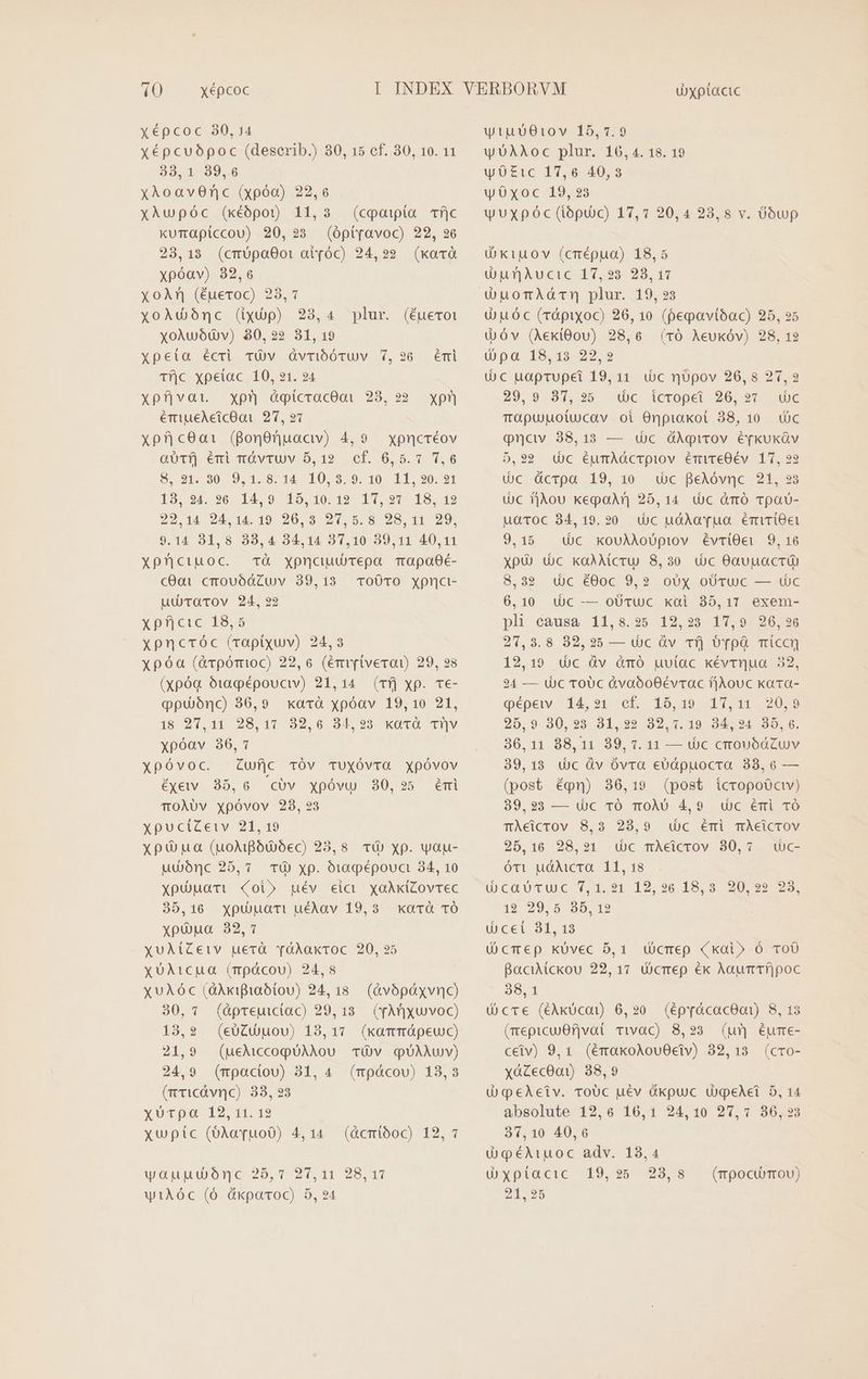 36) xépcoc xépcoc 30,14 xépcubpoc (deserib.) 30, 15 cf. 30, 10. 11 33,1 89,6 xAoavOnc (xpóa) 22,6 xAwpóc (xéópo) 11,3 (cpoipia Tf|C kumapiccou) 20,23 (ópt[avoc) 22, 26 23,183 (cmópa00t atyóc) 24,22. (kaxà xpóav) 32,6 XoAn (éueroc) 23, 7 xoAdcónc (ixup) 23,4 xoAuoódv) 80,22 831,19 xpeta écri TÜüv àvribóruv 7,926 émi if|c xpetac 10, 21. 24 xpfjvat. xp &amp;oicracOoi 28,292 xpr émiueAeicOat 21, 91 xpfic0a: (BonOnuacw) 4,9. xpncréov QUT eri TmOvruv. 5,12 cf. 6.5. 1,6 $.215:90::9.1. 5-14 21035197710 31. 90:591. 15,94. 90 14.9 15,10. 12- 11,927 18,19 22,14 24.14.19 20,3 24,5.8 28,11 29, 9.14 31,8 33,4 34,14 37,10 39,11 40,11 Xphciuoc. TÓà xXpncauudcrepa TapaO9é- c0ai cmovóGZuv 39,13 ToÓTOo Xpnct- uuUiraTOv 24,99 xpi|euc 19,5 xpncróc (raptxuv) 24,3 xpóa (àvpóm10c) 22,6 (értflverau) 29, 98 (xpóq. óà1a2pépouciv) 21,14. (Tf) Xp. ve- opuónc) 36,9. xacrà xpóav 19,10 21, 18 297.14. 29.17 92. 6. 91. 93 Kü/tQ t1]V xpoav 306,7 Xpóvoc. £ufjc TÓv TUXÓvTO Xpóvov éyew. 35,6. cov xpóvu 80,25 émi TOÀDv xpóvov 23,?3 xpuciZeiv 21, 19 xp ua (uoNMóuoec) 25,8 TÓ xp. vau- udónc 25,7 TÓ) Xp. ó1pépouci 34, 10 xpéóuari oi» uév eia xoAkiZovrec 35,16 xXpuuatt uéAav 19,3. xorà TÓ xpopua 32,7 XvuAiZCeiv uecà YvóAakroc 20, 25 XUoAÀicua (mpdcou) 24,8 plur. (éuecoi xvuAóc (àXArifiaótovu) 24,18. (&amp;vb6páxvno) 30,7 (àpreuictac) 29,13. (Arx voc) 13,9 (eUüCU)uou) 18,17 (kammápeuc) 21,9 (ueMiccopUMAoU TÜv qUAAUY) 24,9 (mpactou) 31, 4 (mpáócou) 13,3 (mTicávnc) 38, 93 XUoTpo 12:11. 12 xupic (óAoa[uo0) 4,14 (Acmioóoc) 12, 7 wiAóc (ó &amp;kpavoc) 5, 24 Uxptactc ytiuvOtiov 15,7.9 wU0AAoc plur. 16, 4. 18. 19 wó£zic 17,6 40,38 wOxoc 19, 23 wuxpóc (iópuc) 17,7 20,4 93,8 v. 0bwp Okiuov (crépua) 18,5 UT) Aci -17,38- 99, 17 Uuóc (rápixoc) 26,10 (peqpavibac) 25, 25 (&amp;óv (Aexi0ov) 28,6 (rÓ Aeukóv) 28, 12 dpa 18,18 22,2 c uaprupei 19,11. (oc nópov 26,8 21,2 29,9 37,25 dc icropei 26,97 duc TOpupotucav oi Onpiakot 38, 10 toc qncv 38,13 — dc GAqirOv é[KkUkQV 5,92 c éumAÓdcTQiov émtüvTEOÉv. 17, 22 Vc Óácrpa 19, 10 (c fBeAóvnc 21, 23 dc fjÀou kepaAn 25,14. (c àmó vpaU- uaroc 84,19.20 (c udAaYvua érmiTÜOet 9,15 d)c kouAAoUpiov évtiOei 9,16 xp (c xoaAMcru 8,30 dc 0auuacrü) 8,32 (c é00c 9,? oóoy oUcuc — tc 6,10 dc — oUcuc kai 85,11 exem- pl causa 11,8.925 12,23 17,9 26,96 27,3.8 32,25 — d)c üv Tf) ÜTpQ Ticcm 12,19 dc àv Oàmó uutac kévrqua 32, 24 — Uc TOUc &amp;vaóo0évrac f|Aouc kara- qépetv. 14,21. ef. 15,49. 1705 00 209 25,9 30,23 31,29 32,171.19 34,234 35,6. 36,11 38,11 89, 1. 11 — uoc croubáZuv 39,13 dc Ov óvra eodpuocra 38,6 — (post égn) 36,19 (post icropoOctv) 389,93 — u)c TO TOÀU 4,9 Uc érmi TO mAeicrov 8,3 23,9 dic émi mÀeicrov 25,16 28,21 uc mAÀeicrov 80,7 (c- OTi ucro 11 18 QU CaucU (1.21 12.36 19. 3 200599 09. 19 29.5 95,12 U cei 31, 13 (crmep küvec 5,1. Q(cmep (kai» ó ToO pBacutckou 22,17 ücmep éx AaumTf]poc 38, 1 cce (éAxücaq)) 6,20. (épyácac8oi) 8, 13 (mepicuOfjvat Tivac) 8,23. (u^ éume- ceiv) 9,1 (émakoAovOeiv) 32,13 (cro- xàcecOav) 38,9 UqgpeAeiv. roUc uev Gkpuc ügpeAei 5, 14 absolute 12,6 16,1 24,10 27,7 306,23 381,10 40,6 UqgpéAiuoc adv. 18,4 21,925