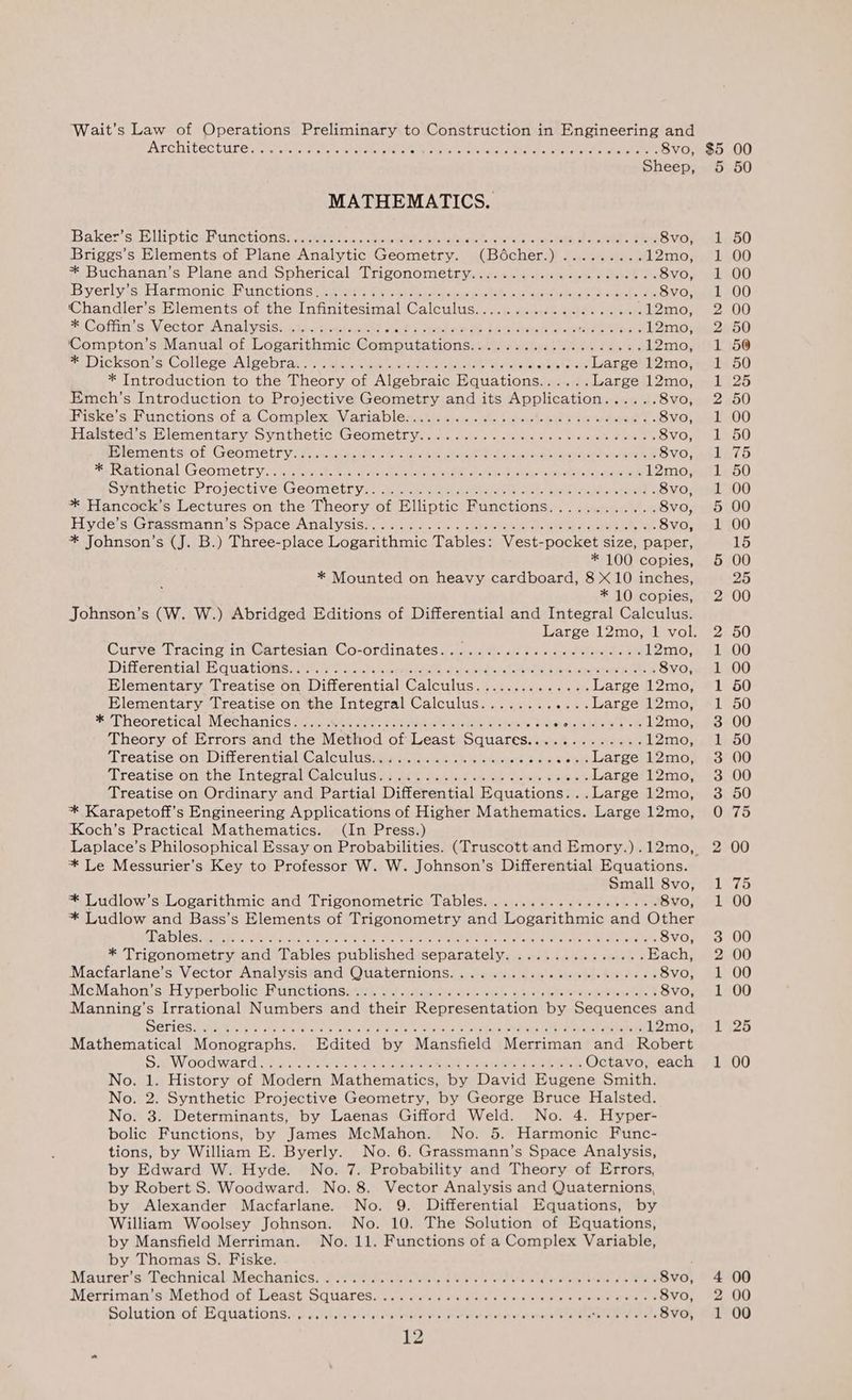 Architectuxrenrvr tis ctl microkeratome iekce een erie eae 8vo, Sheep, MATHEMATICS. Baker’s Elliptic Functions.. Ties RAC, REV OS Briggs’s Elements of Plane nei ties Cine (Bochers)i. awe 12mo, jeBuchananis Plane and ophericalLrgonometuyaesaeeeeitr oe etree: 8vo, B Verve larimonic eh unChrome seit Mt aan bein: bate ee nee nae aries 8vo, Chandler’s Elements of the Infinitesimal Calculus................6. .12mo, A COS MeClOmentialySiSsedc) tea panes stein tacwt ie ee Ce oper we eee B aioe c 12mo, Comptons-Manualiof Logarithmic, Computations.. easels oti oes 12mo, Eroicksome: Colleme VAl ae bracts .aterek cutieieed tec ean atte tel aneva hares Large 12mo, * Introduction to the Theory of Algebraic Equations...... Large 12mo, Emch’s Introduction to Projective Geometry and its Application...... 8vo, ie KerceiunetonstOn arcomplexw Vania Dleaeemimremnrde eet eae tree. 8vo, Haisted’s Hlementary Synthetic Geometry... .......0.0.0+- c+ ces eae oe 8vo, Hlementsrot Geometry nse aceuarcath ko cscs be eenne eA crouch eater kee oR 8vo, MLA Ketonaeen MG yalehealentorn ae a Soe ONE e oOo Or eee El one CORD aoc 12mo, OvneHeticeProjective: Geometrys) have Ga aL araey ol ao Slime tae 8vo, * Hancock’s Lectures on the Theory of Elliptic Functions............ 8vo, EydeisiGrassmanmns) SpacerAnalycise sje acm. cbotnbierch rote merce ieee rele 8vo, * Johnson's (J. B.) Three-place Logarithmic Tables: Vest-pocket size, paper, * 100 copies, * Mounted on heavy cardboard, 8 X10 inches, * 10 copies, Johnson’s (W. W.) Abridged Editions of Differential and Integral Calculus. Curve: Tracing in Gartesian Co-ordinates «hau, We ole Oss. ced Hivnd oa 12mo, DifferentiallE Guatiomss: he tacts ouput baka erene otra erences ice 8vo, Elementary Treatise on Differential Calculus..............Large 12mo, Elementary Treatise on the Integral Calculus........ see largenl2mos * Theoretical Mechanics. I Quyewh Mae ter 12mo, Theory of Errors and the “Method ‘of Least ‘Squares, Macrae, stove Aen 12mo, ‘breatise on sbifterentialiCalcultismemsacene eerie = ons ...Large 12mo, ibreatise onitheslknteenalvGalculisiace e)aae nie een orien eeeere Large 12mo, Treatise on Ordinary and Partial Differential Equations. ..Large 12mo, * Karapetoft’s Engineering Applications of Higher Mathematics. Large 12mo, Koch's Practical Mathematics. (In Press.) * Le Messurier’s Key to Professor W. W. Johnson’s Differential Equations. Small 8vo, * Ludlow’s Logarithmic and Trigonometric Tables. .........dsscehh sen 8vo, * Ludlow and Bass’s Elements of Trigonometry and Logarithmic and Other AR ay Lethe a pons re BUR ee ade sons ane EE in| 2 onan Bie RP EOE Re SAA es GogleneD O 8vo, * Trigonometry and Tables published separately. .............. Each, Mactarlaneis) Vector Analysistand: Otaternions spews ods si sieveieh-epnjene ote 8vo, iMeMahonisely perbolichitunenonsasrirsrt -eteresnaicieic toyed. cies tt eke tovevetcmatcnetene © 8vo, Manning’s Irrational Numbers and their Representation by Sequences and ETICS eee ere she Reade eee wherakee Mnte ehanacd tebe eid ees ferent neon 12mo, Mathematical Monographs. Edited by Mansfield Merriman and Robert SaiWoodward aos POR AG eat cme hee wie Octavo, each No. 1. History of Modern Mathematics, by David Eugene Smith. No. 2. Synthetic Projective Geometry, by George Bruce Halsted. No. 3. Determinants, by Laenas Gifford Weld. No. 4. Hyper- bolic Functions, by James McMahon. No. 5. Harmonic Func- tions, by William E. Byerly. No. 6. Grassmann’s Space Analysis, by Edward W. Hyde. No. 7. Probability and Theory of Errors, by Robert S. Woodward. No. 8. Vector Analysis and Quaternions, by Alexander Macfarlane. No. 9. Differential Equations, by William Woolsey Johnson. No. 10. The Solution of Equations, by Mansfield Merriman. No. 11. Functions of a Complex Variable, by Thomas S. Fiske. Matter. si@echnicali Mechanics, wewreiiectne tikes eteteretstene a Fi MRR SEG 8vo, MernimanisrMethodlot east Sq uaresa sca pctatnaraictere aie sell chstensl ixbere nerelsra 8vo, Holution of, HatiatiomsS van aieancncest sp ctivceetiwek ss Malis hotishovieries omelet aanees Ned SD. 8vo, et) Oh ee ll oe ell eel WO oe WO On bo Or NO CWWWRHWH eRe db bo nr (=) So Reh w a =! a | ==] oO a =i WS) So a