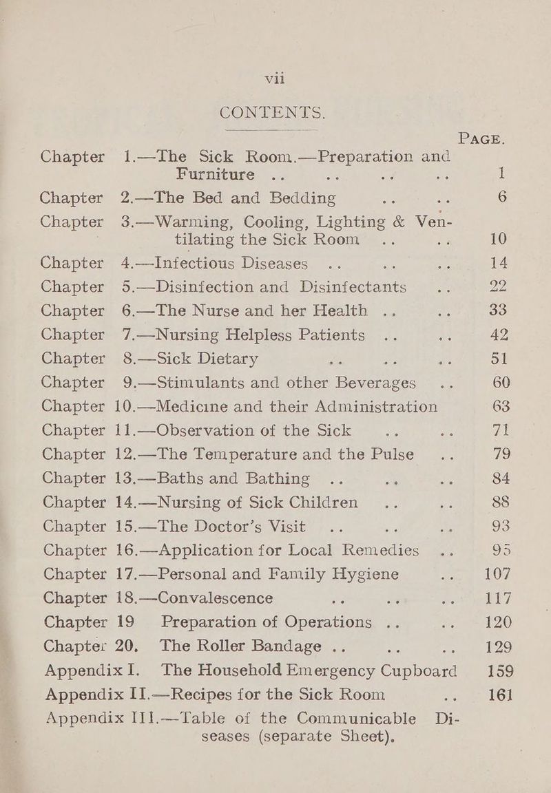 Chapter Chapter Chapter Chapter Chapter Chapter Chapter Chapter Chapter Chapter Chapter Chapter Chapter Chapter Chapter Chapter Chapter Chapter Chapter Vil oe. Furniture 2.—The Bed and Bedding tilating the Sick Room 4.—Infectious Diseases ie 5.—Disinfection and Disinfectants 6.—The Nurse and her Health 7.—Nursing Helpless Patients 8.—Sick Dietary ‘ 9.—Stimulants and other pane 10,—Medicine and their Administration 11.—Observation of the Sick 12.—The Temperature and the Pulse 13.—Baths and Bathing 14.—Nursing of Sick Children 15.—The Doctor’s Visit ; 16.—Application for Local mona: 17.—Personal and Family Hygiene 18.—Convalescence , 19 Preparation of Operations seases (separate Sheet), PAGE. 1 6 10 14 yyy 33 42 Si 60 63 159 16)
