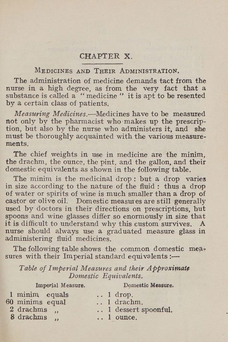 MEDICINES AND THEIR ADMINISTRATION, The administration of medicine demands tact from the nurse in a high degree, as from the very fact that a substance is called a ‘“‘ medicine ’”’ it is apt to be resented by a certain class of patients. Measuring Medicines.—Medicines have to be measured not only by the pharmacist who-makes up the prescrip- tion, but also by the nurse who administers it, and she must be thoroughly acquainted with the various measure- ments. The chief weights in use in medicine are the minim, the drachm, the ounce, the pint, and the gallon, and their domestic equivalents as shown in the following table. The minim is the medicinal drop: but a drop varies in size according to the nature of the fluid: thus a drop of water or spirits of wine is much smaller than a drop of castor or olive oil. Domestic measures are still generally used by doctors in their directions on prescriptions, but spoons and wine glasses differ so enormously in size that it is difficult to understand why this custom survives. A nurse should always use a graduated measure glass in administering fluid medicines. The following table shows the common domestic mea- sures with their Imperial standard equivalents :— Lable of Imperial Measures and their Approximate Domestic Equivalents. Imperial Measure. Domestic Measure. 1 minim equals =< t dEOD: 60 minims equal o. 1 drachme 2 drachms ,, .. 1 dessert spoonful,