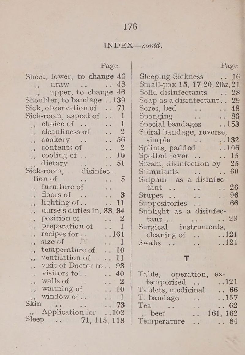 Sheet, lower, to change 46 drawitas « .. 48 ,, upper, to change 46 Shoulder, to bandage ..139 23 Sick, observationof .. 7] Sick-room, aspectof .. Il ERECHOICEOL Me. monde | ,, Cleanliness of avery’ ,, cookery .. Per EOO ,, contents of ene go's yy coolingior f- ee rl—) dietary (2. aro. Sick-room, disinfec- tion of a ea RO ,, furniture of jee UOOTS0f0 c= ro », lighting of.. Sere ,, nurse’s duties in, 33, 34 ,, position of : 4; HPEGParationol - .: 1 peaatecipes for ms Fi Mow ;, size ot IY eet ,, temperature of. .. 10 ,, ventilation of Bigg? | emvisituot Doctor tone. oS < eVISICOLS<tO Gn .. 40 17 WOLLS Otte a ee te ,, Warming of ia », window of.. ai eT ed | Skin es By 73 ,, Application for 102 Sleep .. FAN 115, 118 Sleeping Sickness . 2 tie Small-pox 15, 17,20, 20a, 21 Solid disinfectants .. 28 Soap as a disinfectant.. 29 Sores, bed 6 .. 48 Sponging s ee Special bandages . 153 Spiral bandage, reverse, simple ty . 132 Splints, padded . 106 Spotted fever .. io mie Steam, disinfection by 25 Stimulants es |. Sulphur as a disinfec- fants ..: 2% Par’ A0) Stupes .. 3 - +496 Suppositories .. 86 Sunlight as a disinfec- tante.. Surgical instruments, cleaning of .. ~ A2ZI Swabs .. a 2} T Table, operation, ex- temporised .. Raho | Tablets, medicinal pete T. bandage ty: re Tea n at ne On , beef 161, 162 Temperature .. .. 84