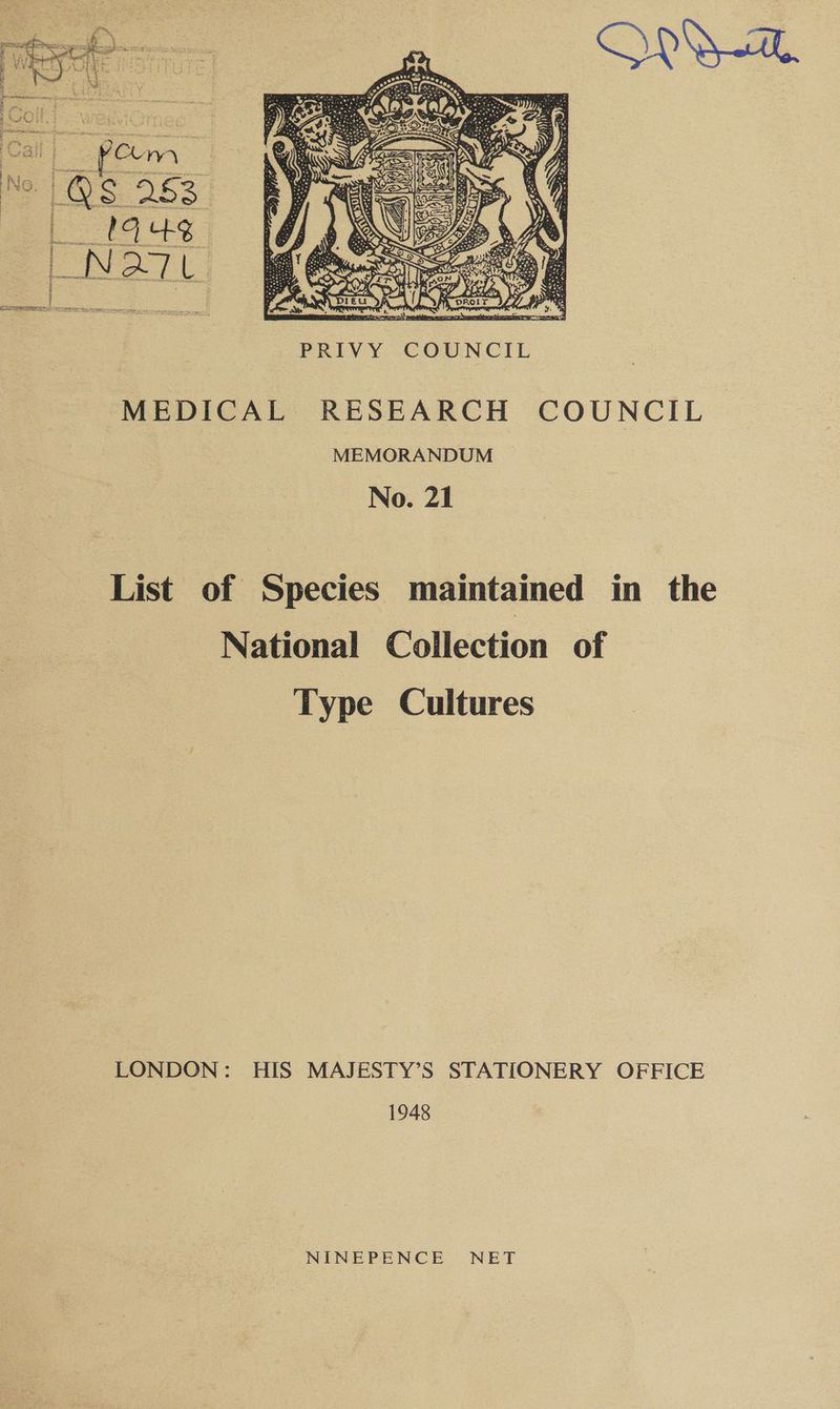 PRIVY COUNCIL MEDICAL RESEARCH COUNCIL MEMORANDUM No. 21 List of Species maintained in the National Collection of Type Cultures LONDON: HIS MAJESTY’S STATIONERY OFFICE 1948 NINEPENCE NET