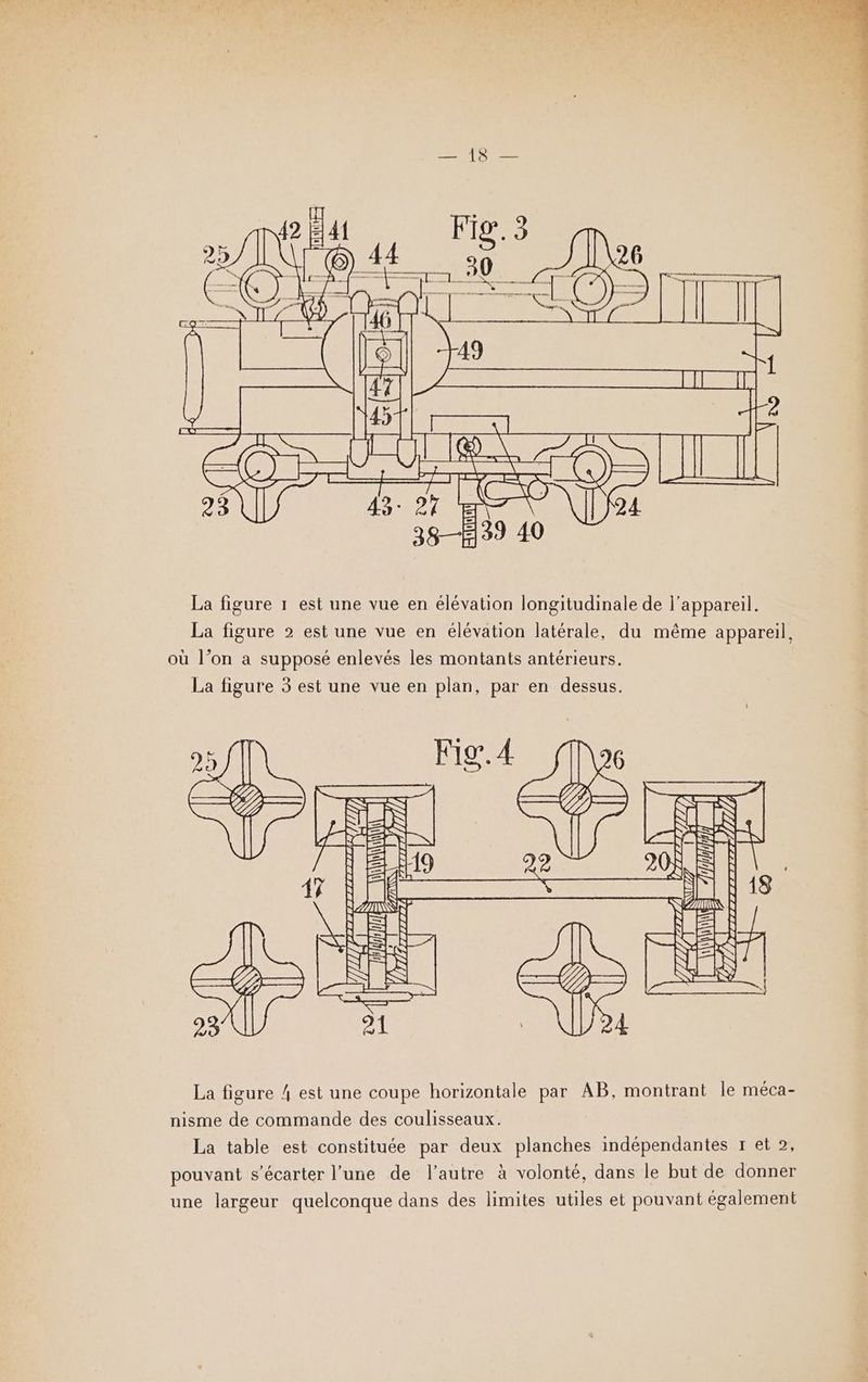 J [Es ETIRGE 1 FT BÉFRErANS 15 2 FA &amp; Be CE REA 7 FER 785 [I IL 24 23] da. 27 C0 39 4 38-439 40 La figure 1 est une vue en élévation longitudinale de l'appareil. La figure 2 est une vue en élévation latérale, du même appareil, où l’on a supposé enlevés les montants antérieurs. La figure 3 est une vue en plan, par en dessus. 95 F1g°. 4 6 0 ni] |\ DAY L7y 23 La figure 4 est une coupe horizontale par AB, montrant le méca- nisme de commande des coulisseaux. La table est constituée par deux planches indépendantes r et 2, pouvant s’écarter l’une de l’autre à volonté, dans le but de donner une largeur quelconque dans des limites utiles et pouvant également