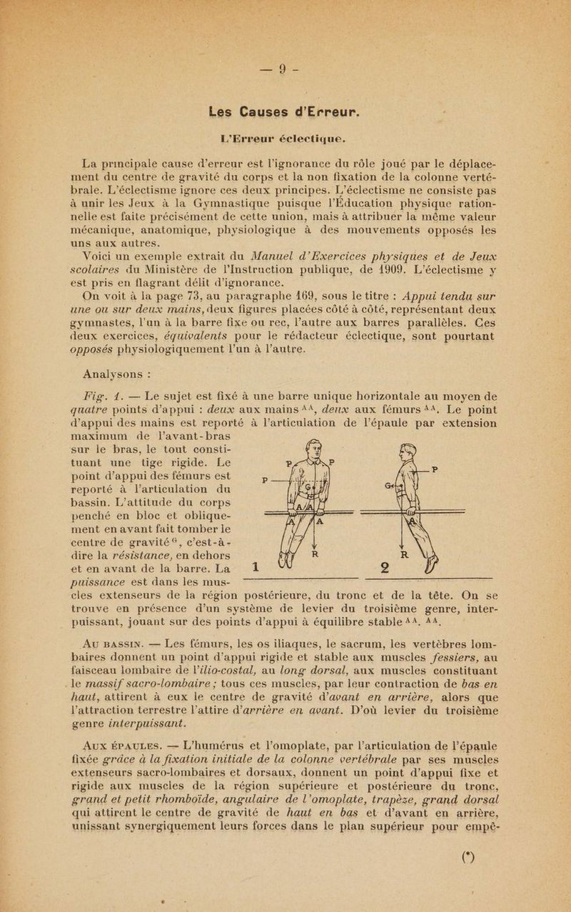 LR ER Mar Les Causes d’Erreur. CHR L’'Erreur éclectique. La principale cause d'erreur est l'ignorance du rôle joué par le déplace- ment du centre de gravité du corps et la non fixation de la colonne verté- brale. L'éclectisme ignore ces deux principes. L’éclectisme ne consiste pas à unir les Jeux à la Gymnastique puisque l'Éducation physique ration- nelle est faite précisément de cette union, mais à attribuer la même valeur mécanique, anatomique, physiologique à des mouvements opposés les Voici un exemple extrait du Manuel d’Exercices physiques et de Jeux scolaires du Ministère de l’'Instruction publique, de 1909. L’éclectisme y est pris en flagrant déHt d’ignorance. On voit à la page 73, au paragraphe 169, sous le titre : Appui tendu sur une ou sur deux mains, deux figures placées côté à côté, représentant deux gymnastes, l’un à la barre fixe ou rec, l’autre aux barres parallèles. Ces deux exercices, équivalents pour le rédacteur éclectique, sont pourtant opposés physiologiquement l’un à l’autre. Analysons : Fig. 1. — Le sujet est fixé à une barre unique horizontale au moyen de quatre points d'appui : deux aux mains 4, deux aux fémurs 44, Le point d'appui des mains est reporté à l'articulation de l'épaule par extension maximum de l’avant-bras sur le bras, le tout consti- tuant une tige rigide. Le point d'appui des fémurs est reporté à l'articulation du bassin. L’attitude du corps penché en bloc et oblique- ment en avant fait tomber le centre de gravité, c’est-à - dire la résistance, en dehors et en avant de la barre. La puissance est dans les mus- cles extenseurs de la région postérieure, du tronc et de la tête. ôn se trouve en présence d’un système de levier du troisième genre, inter- puissant, jouant sur des points d'appui à équilibre stable AA. AA, AU BASSIN. — Les fémurs, les os iliaques, le sacrum, les vertèbres lom- baires donnent un point d'appui rigide et stable aux muscles fessiers, au faisceau lombaire de l’ilio-costal, au long dorsal, aux muscles constituant haut, attirent à eux le centre de gravité d'avant en arrière, alors que l'attraction terrestre l’attire d’arrière en avant. D'où levier du troisième genre interpuissant. Aux ÉPAULES. — L’humérus et l’omoplate, par l’articulation de lé US fixée grâce à la fixation initiale de la colonne vertébrale par ses muscles extenseurs sacro-lombaires et dorsaux, donnent un point d'appui fixe et rigide aux muscles de la région supérieure et postérieure du tronc, grand et petit rhomboïde, angulaire de l’omoplate, trapèze, grand dorsal qui attirent le centre de gravité de haut en bas et d’avant en arrière, unissant synergiquement leurs forces dans le plan supérieur pour empé- ÿ EZ v 1 », NS A : Les L ”