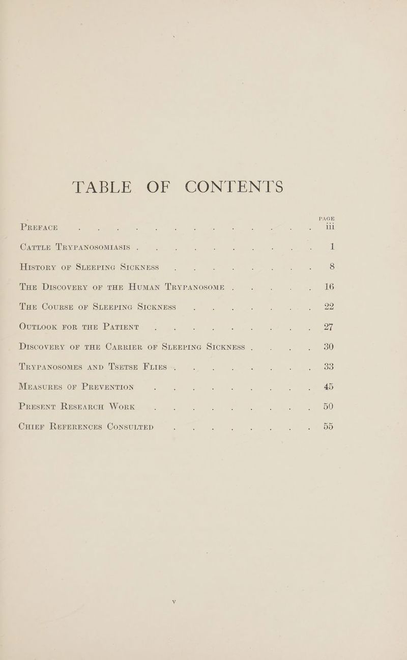 TABLE. OF CONTENTS PREFACE CattLe TRYPANOSOMIASIS History OF SLEEPING SICKNESS THe Discovery or THE Human TRYPANOSOME THE COURSE OF SLEEPING SICKNESS OUTLOOK FOR THE PATIENT DISCOVERY OF THE CARRIER OF SLEEPING SICKNESS TRYPANOSOMES AND TSETSE FLIES . ; : : : MEASURES OF PREVENTION ; PRESENT RESEARCH WorRK CHIEF REFERENCES CONSULTED : : : : : :