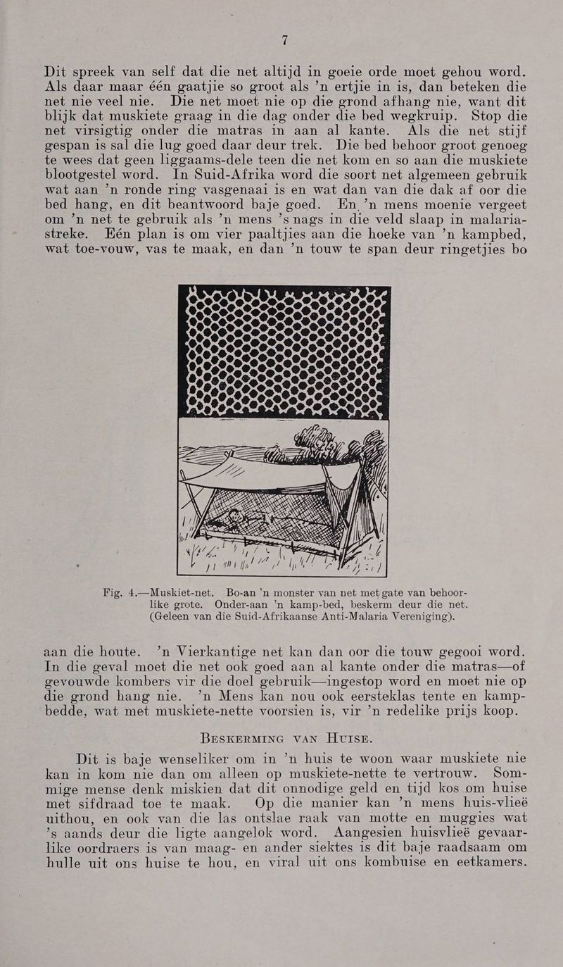 Dit spreek van self dat die net altijd in goeie orde moet gehou word. Als daar maar één gaatjie so groot als `n ertjie in is, dan beteken die net nie veel nie. Die net moet nie op die grond afhang nie, want dit blijk dat muskiete graag in die dag onder die bed wegkruip. Stop die net virsigtig onder die matras in aan al kante. Als die net stijf gespan is sal die lug goed daar deur trek. Die bed behoor groot genoeg te wees dat geen liggaams-dele teen die net kom en so aan die muskiete blootgestel word. In Suid-Afrika word die soort net algemeen gebruik wat aan `n ronde ring vasgenaai is en wat dan van die dak af oor die bed hang, en dit beantwoord baje goed. Én 'n mens moenie vergeet om 'n net te gebruik als `n mens `'s nags in die veld slaap in malaria- streke. Één plan is om vier paaltjies aan die hoeke van `n kampbed, wat toe-vouw, vas te maak, en dan `n touw te span deur ringetjies bo Fig. 4.—Muskiet-net. Bo-an 'n monster van net met gate van behoor- like grote. Onder-aan 'n kamp-bed, beskerm deur die net. (Geleen van die Suid-Afrikaanse Anti-Malaria Vereniging). aan die houte. '`'n Vierkantige net kan dan oor die touw gegooi word. In die geval moet die net ook goed aan al kante onder die matras—of gevouwde kombers vir die doel gebruik—ingestop word en moet nie op die grond hang nie. 'n Mens kan nou ook eersteklas tente en kamp- bedde, wat met muskiete-nette voorsien is, vir `n redelike prijs koop. BESKERMING VAN HUISE. Dit is baje wenseliker om in `n huis te woon waar muskiete nie kan in kom nie dan om alleen op muskiete-nette te vertrouw. Som- mige mense denk miskien dat dit onnodige geld en tijd kos om huise met sifdraad toe te maak. (Op die manier kan 'n mens huis-vlieë uithou, en ook van die las ontslae raak van motte en muggies wat 's aands deur die ligte aangelok word. Aangesien huisvlieë gevaar- like oordraers is van maag- en ander siektes is dit baje raadsaam om hulle uit ons huise te hou, en viral uit ons kombuise en eetkamers.