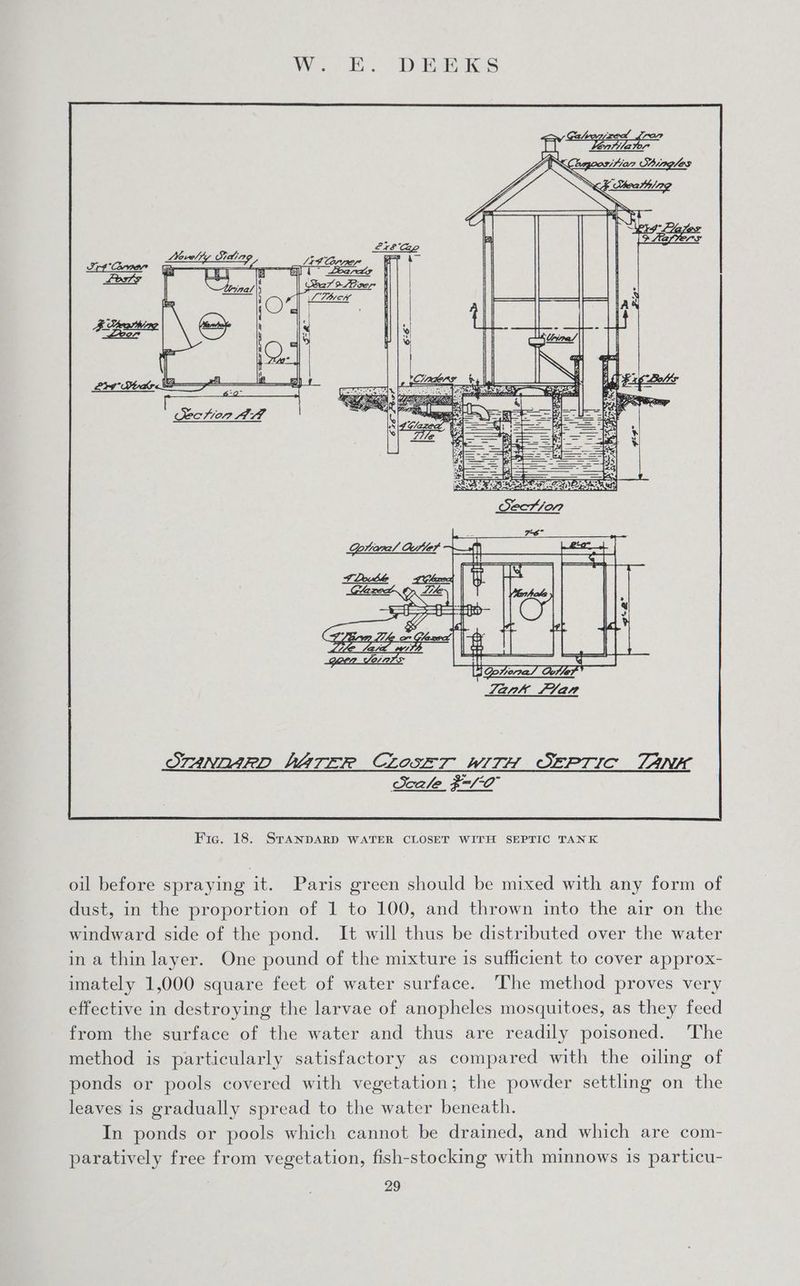 evel fy Siding Trt Amer EB — 15 | Fggohine Fic. 18. STANDARD WATER CLOSET WITH SEPTIC TANK oil before spraying it. Paris green should be mixed with any form of dust, in the proportion of 1 to 100, and thrown into the air on the windward side of the pond. It will thus be distributed over the water in a thin layer. One pound of the mixture is sufficient to cover approx- imately 1,000 square feet of water surface. The method proves very effective in destroying the larvae of anopheles mosquitoes, as they feed from the surface of the water and thus are readily poisoned. ‘The method is particularly satisfactory as compared with the oiling of ponds or pools covered with vegetation; the powder settling on the leaves is gradually spread to the water beneath. In ponds or pools which cannot be drained, and which are com- paratively free from vegetation, fish-stocking with minnows is particu-