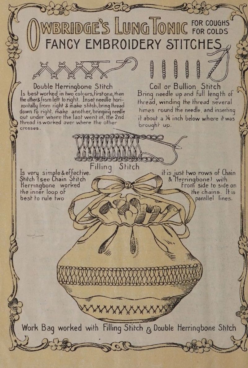 wunupae’s LUNG lonuc “a FANGY EMBROIDERY STITCHES PPR? TZ Double Herringbone Stitch Coil or Bullion Stitch Is best worked in two colours, firskone, then Bring needle up and full leng th of the other&amp; from left to right. Inset needle hori- thread, Wahding tie Weoadicevers zontally from right &amp; make shitch, bring thread 7 down fo right, make another, bringing needle times round the needle, and inserting out under where the last went in, the 2nd it about a 4 inch below where itwas thread is worked over where the o ther brought up. crosses. thi Is very simple &amp;ef fective, iFis ust two rows of Chain Stitch {see Chain Stitch &amp; &amp; Herringbone) with Herringbone worked (C2 =, “Front side to side on the inner loop o > the chains. Ibis best to rule two parallel lines. LEO RPT IIIT ry ry aeuy OV WK} wie My ANY RD a EE Work Bag worked with Be ae Stitch ¢, “Double Herringbone “ae