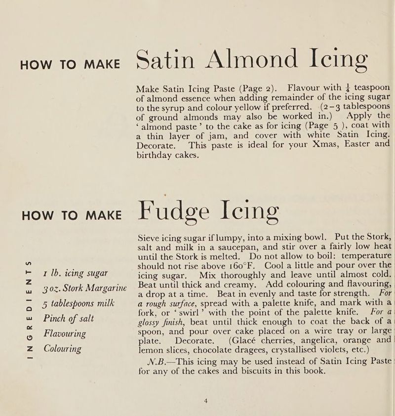 Colouring Satin Almond Icing Make Satin Icing Paste (Page 2). Flavour with { teaspoon of almond essence when adding remainder of the icing sugar to the syrup and colour yellow if preferred. (2-3 tablespoons of ground almonds may also be worked in.) Apply the ‘almond paste’ to the cake as for icing (Page 5 ), coat with a thin layer of jam, and cover with white Satin Icing. Decorate. This paste is ideal for your Xmas, Easter and birthday cakes. Fudge Icing Sieve icing sugar if lumpy, into a mixing bowl. Put the Stork, salt and milk in a saucepan, and stir over a fairly low heat until the Stork is melted. Do not allow to boil: temperature should not rise above 160°F. Cool a little and pour over the Beat until thick and creamy. Add colouring and flavouring, plate. Decorate. (Glacé cherries, angelica, orange and lemon slices, chocolate dragees, crystallised. violets, etc.) N.B.—This icing may be used instead of Satin Icing Paste for any of the cakes and biscuits in this book.