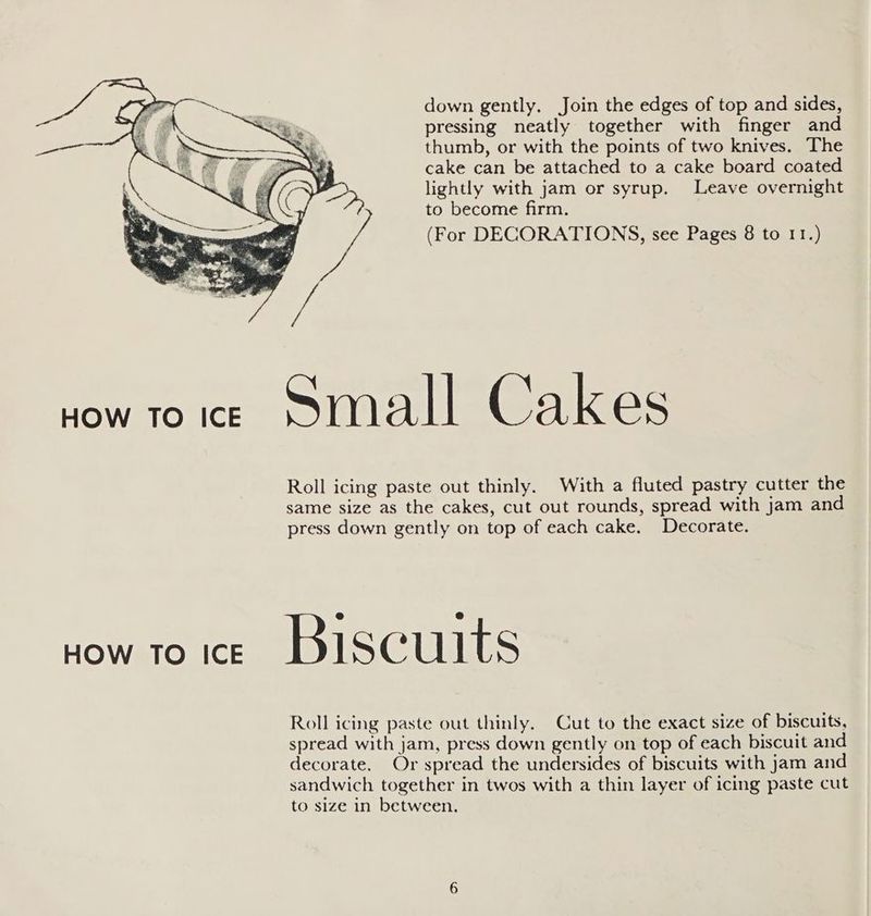 HOW TO ICE down gently. Join the edges of top and sides, pressing neatly together with finger and thumb, or with the points of two knives. The cake can be attached to a cake board coated lightly with jam or syrup. Leave overnight to become firm. Small Cakes Roll icing paste out thinly. With a fluted pastry cutter the same size as the cakes, cut out rounds, spread with jam and press down gently on top of each cake. Decorate. Roll icing paste out thinly. Cut to the exact size of biscuits, spread with jam, press down gently on top of each biscuit and decorate. Or spread the undersides of biscuits with jam and sandwich together in twos with a thin layer of icing paste cut to size in between,