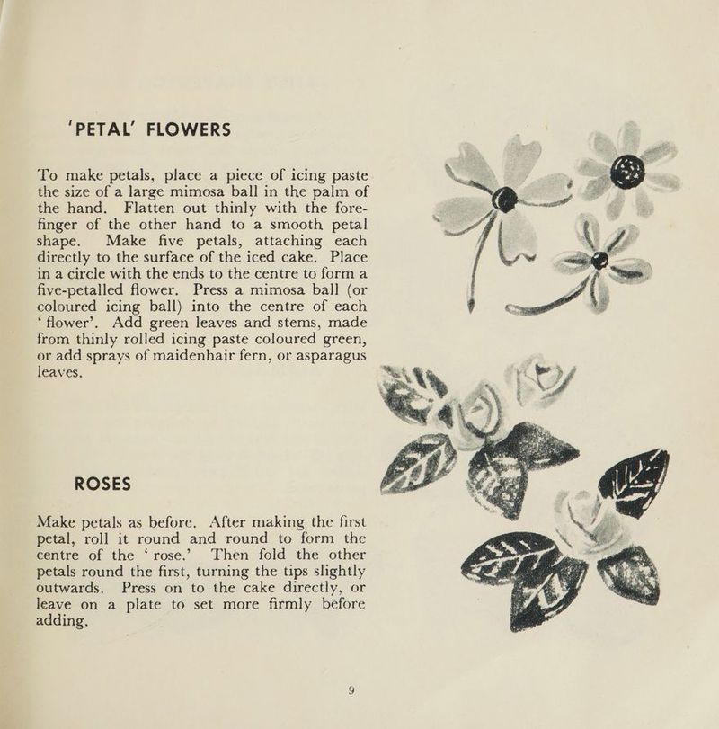 ‘PETAL’ FLOWERS To make petals, place a piece of icing paste the size of a large mimosa ball in the palm of the hand. Flatten out thinly with the fore- finger of the other hand to a smooth petal shape. Make five petals, attaching each directly to the surface of the iced cake. Place in a circle with the ends to the centre to form a five-petalled flower. Press a mimosa ball (or coloured icing ball) into the centre of each ‘flower’. Add green leaves and stems, made from thinly rolled icing paste coloured green, or add sprays of maidenhair fern, or asparagus leaves. ROSES Make petals as before. After making the first petal, roll it round and round to form the centre of the ‘rose.’ Then fold the other petals round the first, turning the tips slightly outwards. Press on to the cake directly, or leave on a plate to set more firmly before adding. ©