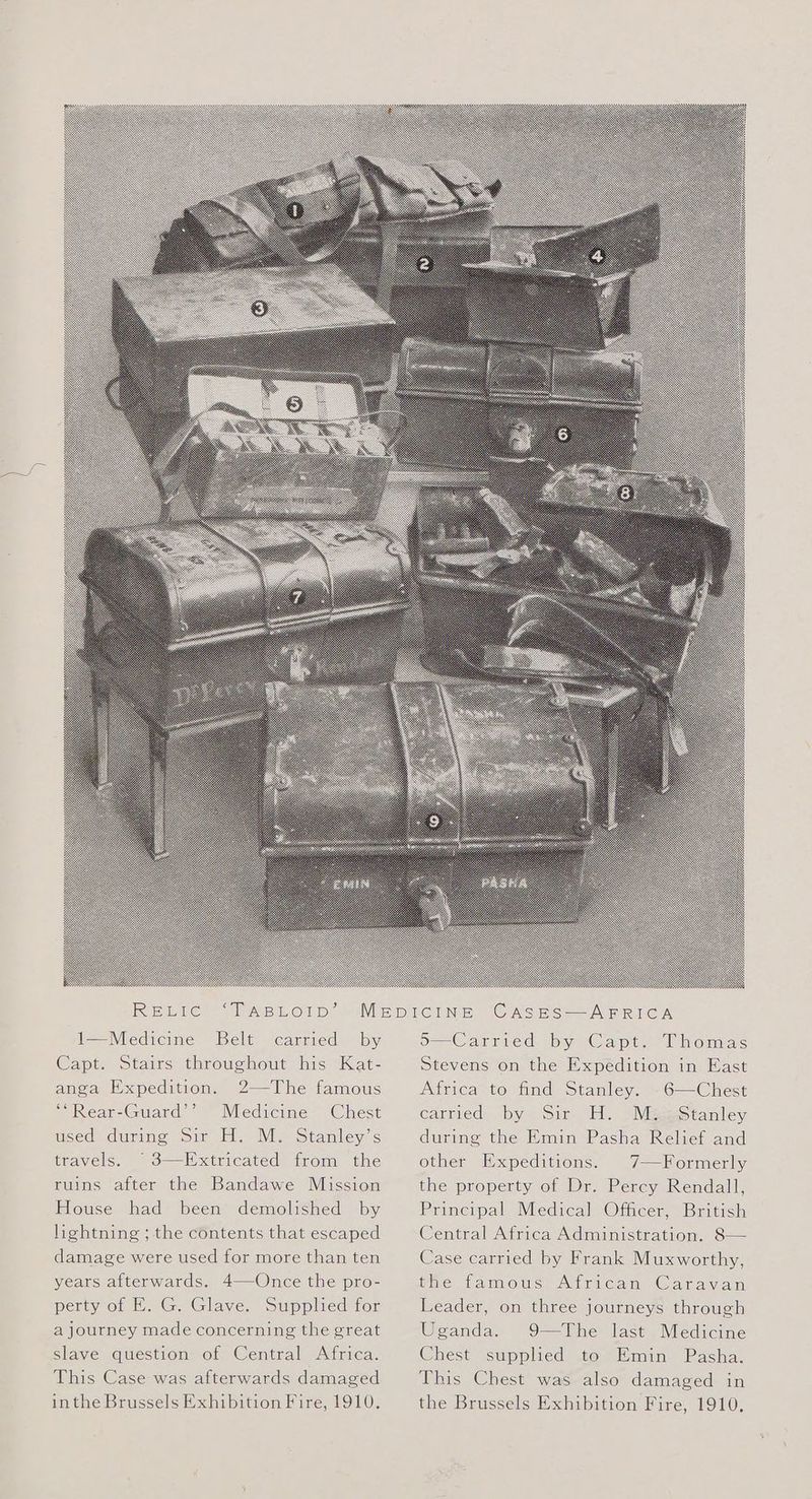 RELIC “TABGOT ID” 1—Medicine Belt Capt. Stairs throughout his Kat- anga Expedition. 2—The famous ““Rear-Guard’’ Medicine Chest used during Sir H. M. Stanley’s travels. 3—Extricated from the ruins after the Bandawe Mission House had been demolished by lightning ; the contents that escaped carried by damage were used for more than ten years afterwards. 4—Once the pro- perty of E. G. Glave. Supplied for a journey made concerning the great slave question of Central Africa. This Case was afterwards damaged inthe Brussels Exhibition Fire, 1910. o— Carried by (Capt, 2 homes Stevens on the Expedition in East Africa to find Stanley. -6—Chest by Sin Hy eVigeStaniley, during the Emin Pasha Relief and other Expeditions. 7—Formerly the property of Dr. Percy Rendall, Principal Medical Officer, British Central Africa Administration. 8— carried Case carried by Frank Muxworthy, HI tAmOUS Miricam Caras Leader, on three journeys through Uganda. 9—The last Medicine Chest supplied to Emin Pasha. This Chest was also damaged in the Brussels Exhibition Fire, 1910,