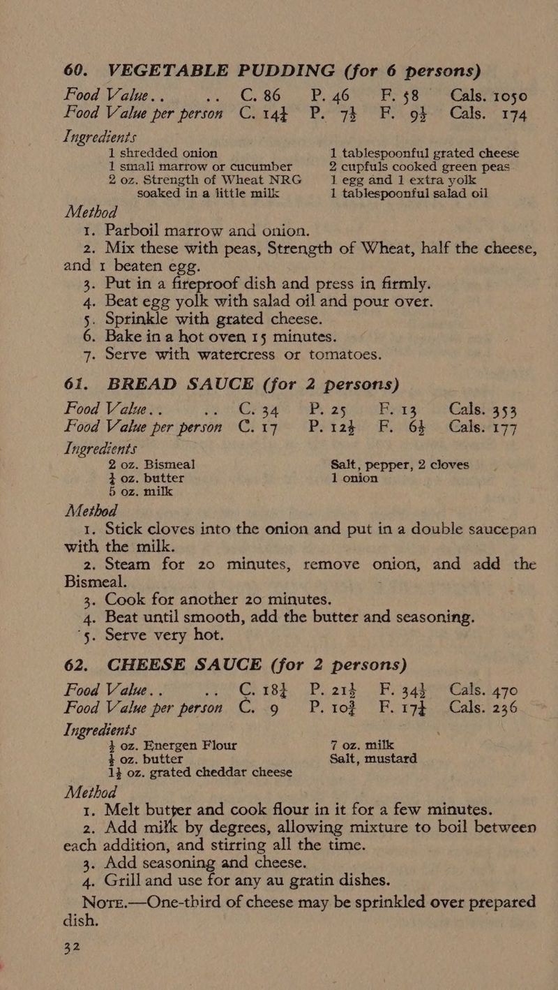60. VEGETABLE PUDDING (for 6 persons) Food Value... ol Mee BG): PG OE Se On ee ese Food Value per person C. 14 P. 73 F. of Cals. 174 Ingredients 1 shredded onion 1 tablespoonful grated cheese 1 smali marrow or cucumber 2 cupfuls cooked green peas 2 oz. Strength of Wheat NRG 1 egg and 1 extra yolk soaked in a little milk 1 tablespoonful salad oil Method 1. Parboil marrow and onion. 2. Mix these with peas, Strength of Wheat, half the cheese, and 1 beaten egg. . Put in a fireproof dish and press in firmly. . Beat egg yolk with salad oil and pour over. . Sprinkle with grated cheese. . Bake in a hot oven 15 minutes. . Serve with watercress or tomatoes. 61. BREAD SAUCE (for 2 persons) Food Value.. pep Ase gage PUP asgon aia. eaksins «5 Food Value per person C.17 P.12k F. 6$ Cals. 177 Lugredients 2 oz. Bismeal Salt, pepper, 2 cloves ; oz, butter 1 onion 5 oz. milk Method 1. Stick cloves into the onion and put in a double saucepan with the milk. 2. Steam for 20 minutes, remove onion, and add the Bismeal. 3. Cook for another 20 minutes. 4. Beat until smooth, add the butter and seasoning. ‘5. Serve very hot. 62. CHEESE SAUCE (for 2 persons) + QM KRY Food Value.. .. ©, 18} P.214 F. 343 © Cals. 470 Food Value per person C. 9 P. 10% F.17$ Cals. 236 Ingredients 4 oz. Energen Flour 7 oz, milk $ oz, butter Salt, mustard 1} oz. grated cheddar cheese Method 1. Melt butger and cook flour in it for a few minutes. 2. Add milk by degrees, allowing mixture to boil between each addition, and stirring all the time. 3. Add seasoning and cheese. 4. Grill and use for any au gratin dishes. Nore.—One-third of cheese may be sprinkled over prepared dish.