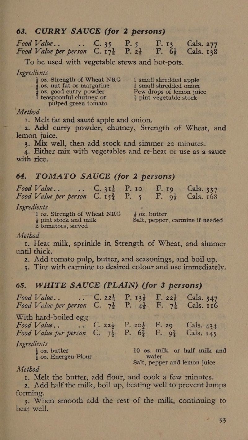 Food Value. . iitiier Sake | ela | F.i13.. Gals..2797 Food Value per person C.17¢,, Bo2k” “F.° 6b = Cals. 138 To be used with vegetable stews and hot-pots. Ingredients $ oz. Strength of Wheat NRG 1 small shredded apple 4 oz, nut fat or margarine 1 small shredded onion $¢ 0z, good curry powder Few drops of lemon juice 1 teaspoonful chutney or } pint vegetable stock pulped green tomato “Method 1. Melt fat and sauté apple and onion. 2. Add curry powder, chutney, Strength of Wheat, and _lemon juice. 3. Mix well, then add stock and simmer 20 minutes. 4. Either mix with vegetables and re-heat or use as a sauce with rice. 64. TOMATO SAUCE (for 2 persons) Food Value. . oy Ge Rie Perot, BR cI9 4 Cale yas Food Value per person C. 15% P. 5 F. g4 Cals. 168 Ingredients 1 oz. Strength of Wheat NRG 4 oz. butter } pint stock and milk Salt, pepper, carmine if needed 2 tomatoes, sieved Method 1. Heat milk, sprinkle in Strength of Wheat, and simmer until thick. 2. Add tomato pulp, butter, and seasonings, and boil up. 3. Tint with carmine to desired colour and use immediately. 65. WHITE SAUCE (PLAIN) (for 3 persons) Food Value. . Seo CSS ee hae eeeaeae Cais: cae Food Value per person C. 74 P. 44 F. 73 Cals. 116 With hard-boiled egg Food Value... sup (Coaagy) P. 2089 Biizg i Galewnaa Food Value per person C. 74 P. 62 F. of Cals. 145 Ingredients 4 oz. butter 10 oz. milk or half milk and 4 oz, Energen Flour water Salt, pepper and lemon juice Method 1. Melt the butter, add flour, and cook a few minutes. 2. Add half the milk, boil up, beating well to prevent lamps forming. 3. When smooth add the rest of the milk, continuing to beat well. wT