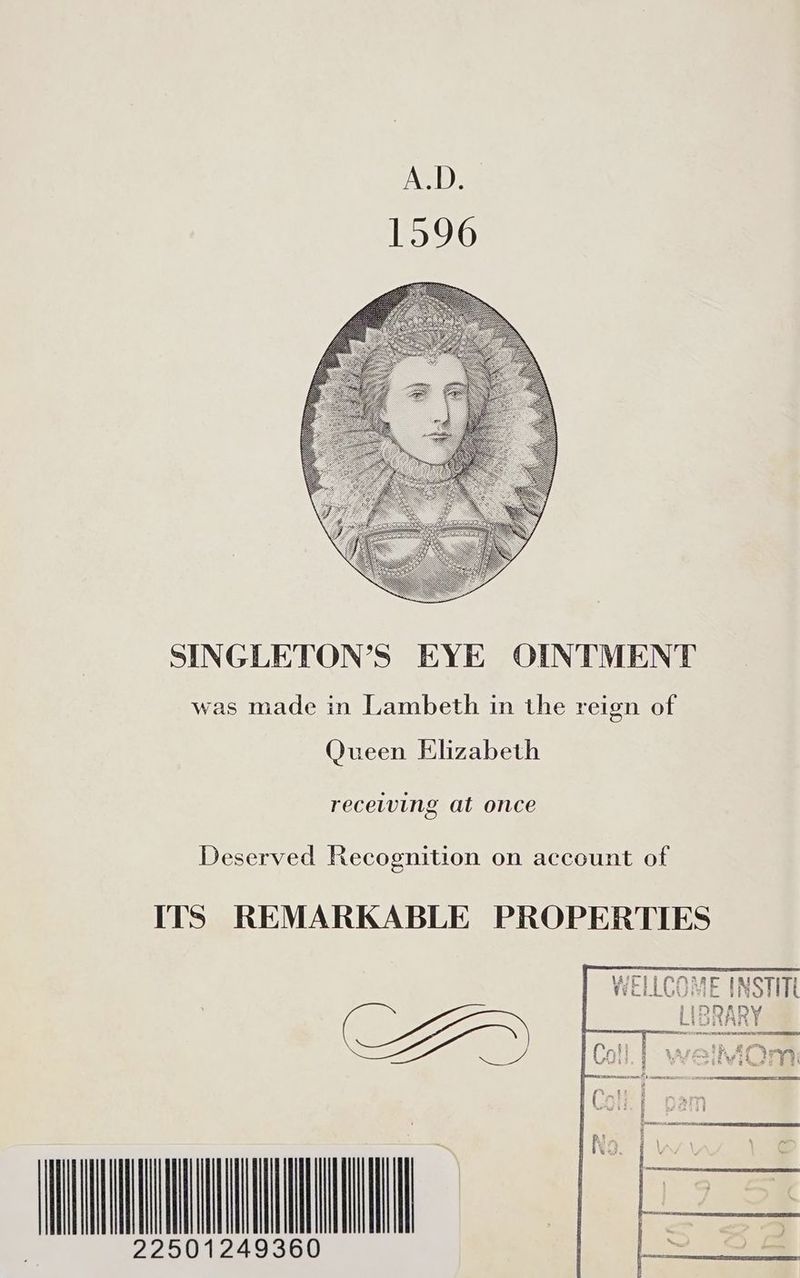 SINGLETON’S EYE OINTMENT was made in Lambeth in the reign of Queen Elizabeth recewing at once Deserved Recognition on account of ITS REMARKABLE PROPERTIES WELLCOME (NSTITL my NIN 22501249360