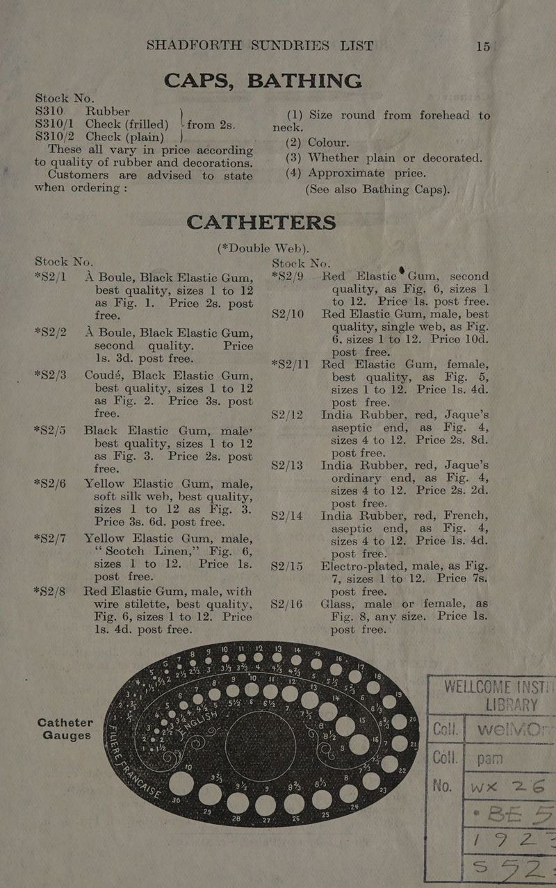 CAPS, BATHING Stock No. $310. Rubber i $310/1 Check (frilled) ie ay i a Size round from forehead to $310/2 Check (plain) (2) Colour These all vary in price according i : to quality of rubber and decorations. (3) Whether plas a decorated. Customers are advised to state (4) Approximate price. when ordering : (See also Bathing Caps). CATHETERS (*Double Web). Stock No. Stock No. a *S2/1 A Boule, Black Elastic Gum, *S2/9 . Red Elastic Gum, second best quality, sizes 1 to 12 quality, as Fig, 6, sizes 1 as Fig. 1. Price 2s. post to 12. Price ls. post free. free. $2/10 Red Elastic Gum, male, best * A . quality, single web, as Fig. $2/2 <A Boule, Black Elastic Gum, 6’ ike’ 19M 120 OP rice 10d. second quality. Price post. free 1s. 3d. post free. *$2/11 Red Elastic Gum, female, *$2/3 Coud4, Black Elastic Gum, best quality, as Fig. 5, best quality, sizes 1 to 12 sizes 1 to 12. Price Is. 4d. as Fig. 2. Price 3s. post post free. free. ; 82/12 India Rubber, red, Jaque’s *S$2/5 Black Elastic Gum, male’ aseptic end, as Hig. 4, best quality, sizes 1 to 12 sizes 4 to 12. Price 2s. 8d. as Fig. 3. Price 2s. post post free. $2/13 India Rubber, red, Jaque’s free. : ‘ #§2/6 Yellow Elastic. Gum, nale, ee mee os oak soft silk weh, best quality, post free sizes 1 to 12 as Fig. 3. : . $2/14 India Rubber, red, French, Price 3s. 6d. post free. asentieieneiilae. Fig. 4) *$2/7 Yellow Elastic Gum, male, sizes 4 to 12. Price 1s. 4d. ‘“Seotech Linen,’ Fig. 6, post free. sizes 1 to 12. Price ls. §2/15 Electro-plated, male, as Fig. post free. 7, sizes 1 to 12. Price 7s. *$2/8 Red Elastic Gum, male, with post free. wire stilette, best quality, S2/16 Glass, male or female, as Fig. 6, sizes 1 to 12. Price Fig. 8, any. size. Price Is. ls. 4d. post free. post free. LIB eM pe eC , g gr 3, &amp; oo, ewig we ws Wek Catheter Gauges