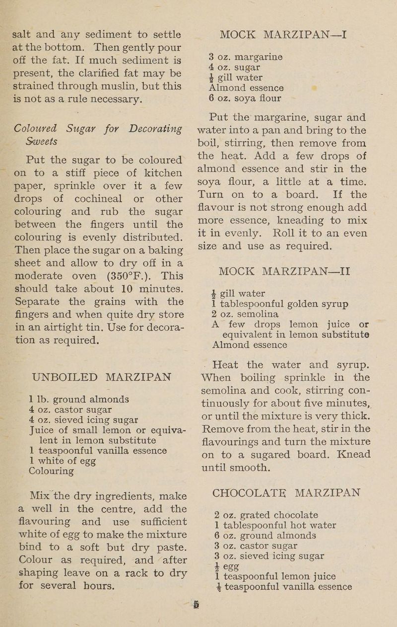 salt and any sediment to settle atthe bottom. Then gently pour off the fat. If much sediment is present, the clarified fat may be strained through muslin, but this is not as a rule necessary. Coloured Sugar for Decorating Sweets Put the sugar to be coloured on to a stiff piece of kitchen paper, sprinkle over it a few drops of cochineal or other colouring and rub the sugar between the fingers until the colouring is evenly distributed. _Then place the sugar on a baking sheet and allow to dry off ina moderate oven (350°F.). This should take about 10 minutes. Separate the grains with the fingers and when quite dry store in an airtight tin. Use for decora- tion as required. UNBOILED MARZIPAN 1 lb. ground almonds 4 oz. castor sugar 4 oz. sieved icing sugar Juice of small lemon or equiva- lent in lemon substitute 1 teaspoonful vanilla essence 1 white of egg _ Colouring Mix the dry ingredients, make a well in the centre, add the flavouring and use_ sufficient white of egg to make the mixture bind to a soft but dry paste. Colour as required, and after shaping leave on a rack to dry for several hours. MOCK MARZIPAN—I 3 0z. Margarine 4 oz. sugar $ gill water Almond essence * 6 oz. soya flour Put the margarine, sugar and water into a pan and bring to the boil, stirring, then remove from the heat. Add a few drops of almond essence and stir in the soya flour, a little at a time. Aus. On; toa sboard. 4 the flavour is not strong enough add more essence, kneading to mix it in evenly. Roll it to an even size and use as required. MOCK MARZIPAN—II 4 gill water 1 tablespoonful golden syrup 2 oz. semolina A few drops lemon juice or equivalent in lemon substitute Almond essence - Heat the water and syrup. When boiling sprinkle in the semolina and cook, stirring con- tinuously for about five minutes, or until the mixture is very thick. Remove from the heat, stir in the flavourings and turn the mixture on to a sugared board. Knead until smooth. CHOCOLATE MARZIPAN 2 oz. grated chocolate 1 tablespoonful hot water 6 oz. ground almonds 3 oz. castor sugar 3 oz. sieved icing sugar + egg Shee 1 teaspoonful lemon juice 4 teaspoonful vanilla essence