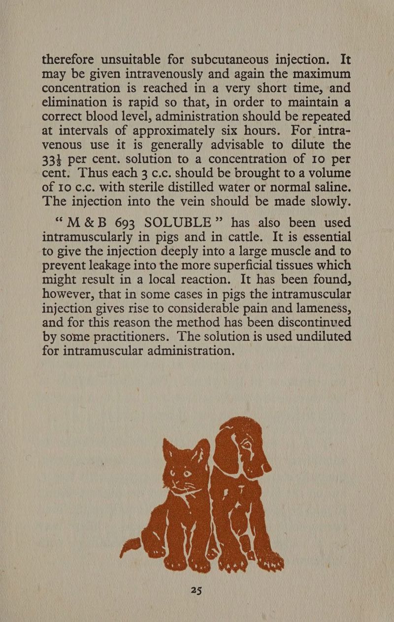 therefore unsuitable for subcutaneous injection. It may be given intravenously and again the maximum concentration is reached in a very short time, and elimination is rapid so that, in order to maintain a correct blood level, administration should be repeated at intervals of approximately six hours. For intra- venous use it is generally advisable to dilute the 33} per cent. solution to a concentration of Io per cent. Thus each 3 c.c. should be brought to a volume of 10 c.c. with sterile distilled water or normal saline. The injection into the vein should be made slowly. “M&amp;B 693 SOLUBLE” has also been used intramuscularly in pigs and in cattle. It is essential to give the injection deeply into a large muscle and to prevent leakage into the more superficial tissues which might result in a local reaction. It has been found, however, that in some cases in pigs the intramuscular injection gives rise to considerable pain and lameness, and for this reason the method has been discontinued by some practitioners. The solution is used undiluted for intramuscular administration.