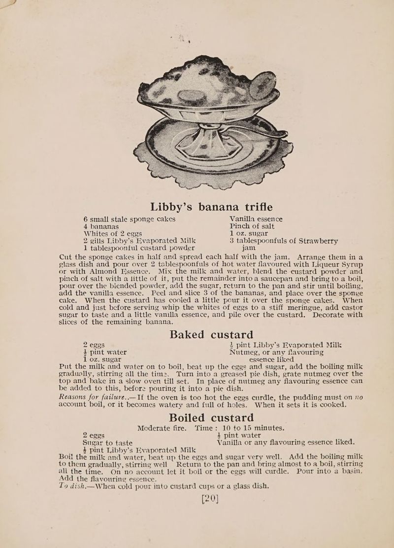 4 bananas Pinch of salt Whites of 2 eggs 1 oz. sugar 2 gills Libby’s Evaporated Milk 3 tablespoonfuls of Strawberry 1 tablespoonful custard powder jam Cut the sponge cakes in half and spread each half with the jam. Arrange them in a glass dish and pour over 2 tablespoonfuls of hot water flavoured with Liqueur Syrup or with Almond Essence. Mix the milk and water, blend the custard powder and pinch of salt with a little of it, put the remainder into a saucepan and bring to a boil, pour over the blended powder, add the sugar, return to the pan and stir until boiling, add the vanilla essence. Peel and slice 3 of the bananas, and place over the sponye cake. When the custard has cooied a little pour it over the sponge cakes. When cold and just before serving whip the whites of eggs to a stiff meringue, add castor sugar to taste and a little vanilla essence, and pile over the custard. Decorate with slices of the remaining banana. Baked custard 2 eges 4 pint Libby's Evaporated Milk 4 pint water Nutmeg, or any flavouring 1 oz. sugar essence liked Put the milk and water on to boil, beat up the eggs and sugar, add the boiling milk gradually, stirring all the tim2. Turn into a greased pie dish, grate nutmeg over the top and bake in a slow oven till set. In place of nutmeg any flavouring essence can be added to this, before pouring it into a pie dish. Reasons for failure..— If the oven is too hot the eggs curdle, the pudding must on no account boil, or it becomes watery and full of holes. When it sets it is cooked. Boiled custard Moderate fire. ‘Time: 10 to 15 minutes. 2 eggs 4 pint water Sugar to taste Vanilla or any flavouring essence liked. 4 pint Libby’s Evaporated Milk : Boil the milk and water, beat up the eggs and sugar very well. Add the boiling milk to them gradually, stirring well Return to the pan and bring almost to a boil, stirring all the time. On no account let it boil or the eggs will curdle. Pour into a basin. Add the flavouring essence. Lo dish,—When cold pour into custard cups or a glass dish. [20]