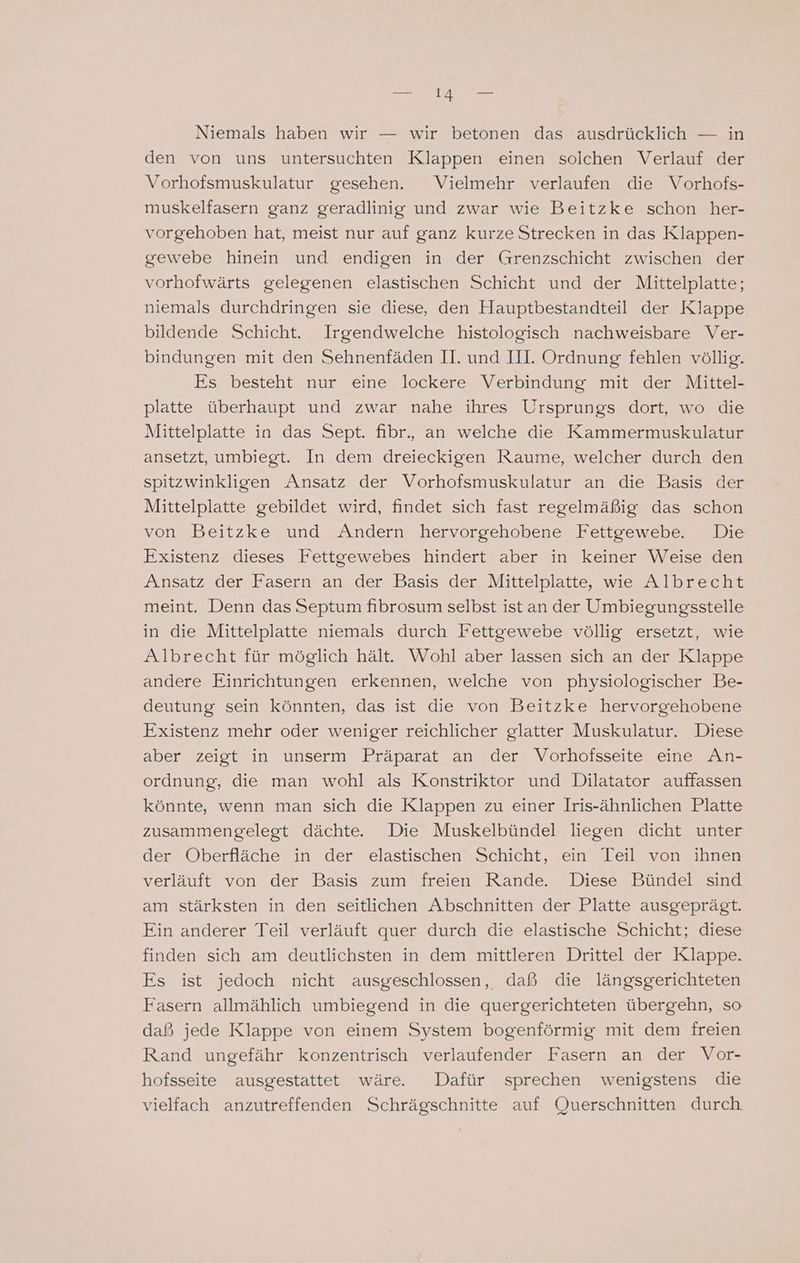 Niemals haben wir — wir betonen das ausdrücklich — in den von uns untersuchten Klappen einen solchen Verlauf der Vorhofsmuskulatur gesehen. Vielmehr verlaufen die Vorhofs- muskelfasern ganz geradlinig und zwar wie Beitzke schon her- vorgehoben hat, meist nur auf ganz kurze Strecken in das Klappen- gewebe hinein und endigen in der Grenzschicht zwischen der vorhofwärts gelegenen elastischen Schicht und der Mittelplatte; niemals durchdringen sie diese, den Hauptbestandteil der Klappe bildende Schicht. Irgendwelche histologisch nachweisbare Ver- bindungen mit den Sehnenfäden II. und III. Ordnung fehlen völlig. Es besteht nur eine lockere Verbindung mit der Mittel- platte überhaupt und zwar nahe ihres Ursprungs dort, wo die Mittelplatte in das Sept. fibr, an welche die Kammermuskulatur ansetzt, umbiegt. In dem dreieckigen Raume, welcher durch den spitzwinkligen Ansatz der Vorhofsmuskulatur an die Basis der Mittelplatte gebildet wird, findet sich fast regelmäßig das schon von Beitzke und Andern hervorgehobene Fettgewebe Die Existenz dieses Fettgewebes hindert aber in keiner Weise den Ansatz der Fasern an der Basis der Mittelplatte, wie Albrecht meint. Denn das Septum fibrosum selbst ist an der Umbiegungsstelle in die Mittelplatte niemals durch Fettgewebe völlig ersetzt, wie Albrecht für möglich hält. Wohl aber lassen sich an der Klappe andere Einrichtungen erkennen, welche von physiologischer Be- deutung sein könnten, das ist die von Beitzke hervorgehobene Existenz mehr oder weniger reichlicher glatter Muskulatur. Diese aber zeigt in unserm Präparat an der Vorhofsseite eine An- ordnung, die man wohl als Konstriktor und Dilatator auffassen könnte, wenn man sich die Klappen zu einer Iris-ähnlichen Platte zusammengelegt dächte. Die Muskelbündel liegen dicht unter der Oberfläche in der elastischen Schicht, ein Teil von ihnen verläuft von der Basis zum freien Rande. Diese Bündel sind am stärksten in den seitlichen Abschnitten der Platte ausgeprägt. Ein anderer Teil verläuft quer durch die elastische Schicht; diese finden sich am deutlichsten in dem mittleren Drittel der Klappe. Es ist jedoch nicht ausgeschlossen, daß die längsgerichteten Fasern allmählich umbiegend in die quergerichteten übergehn, so daß jede Klappe von einem System bogenförmig mit dem freien Rand ungefähr konzentrisch verlaufender Fasern an der Vor- hofsseite ausgestattet wäre. Dafür sprechen wenigstens die vielfach anzutreffenden Schrägschnitte auf Querschnitten durch