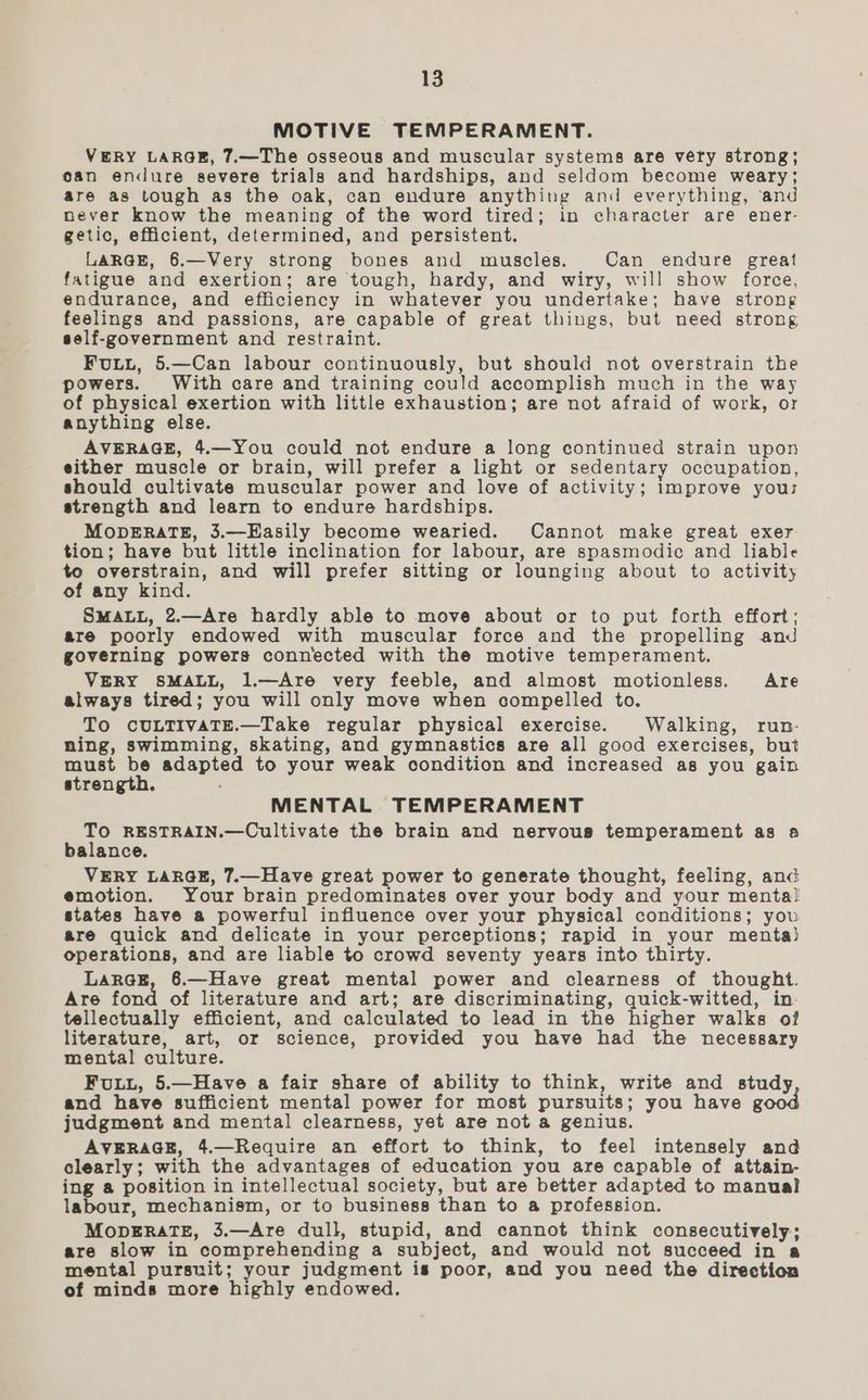 MOTIVE TEMPERAMENT. VERY LARGE, 7.—The osseous and muscular systems are véty strong; oan endure severe trials and hardships, and seldom become weary; are as tough as the oak, can endure anything and everything, and never know the meaning of the word tired; in character are ener- getic, efficient, determined, and persistent. LARGE, 6.—Very strong bones and muscles. Can endure great fatigue and exertion; are tough, hardy, and wiry, will show force, endurance, and efficiency in whatever you undertake; have strong feelings and passions, are capable of great things, but need strong self-government and restraint. FULL, 5.—Can labour continuously, but should not overstrain the powers. With care and training could accomplish much in the way of physical exertion with little exhaustion; are not afraid of work, or anything else. AVERAGE, 4.—You could not endure a long continued strain upon either muscle or brain, will prefer a light or sedentary occupation, should cultivate muscular power and love of activity; improve your strength and learn to endure hardships. MODERATE, 3.—Easily become wearied. Cannot make great exer tion; have but little inclination for labour, are spasmodic and liable to overstrain, and will prefer sitting or lounging about to activity of any kind. SMALL, 2.—Are hardly able to move about or to put forth effort; are poorly endowed with muscular force and the propelling and governing powers connected with the motive temperament. VERY SMALL, 1.—Are very feeble, and almost motionless. Are always tired; you will only move when compelled to. To CULTIVATE.—Take regular physical exercise. Walking, run- ning, swimming, skating, and gymnastics are all good exercises, but must be adapted to your weak condition and increased as you gain strength. MENTAL TEMPERAMENT TO RESTRAIN.—Cultivate the brain and nervous temperament as a balance. VERY LARGE, 7.—Have great power to generate thought, feeling, and emotion. Your brain predominates over your body and your menta! states have a powerful influence over your physical conditions; you are quick and delicate in your perceptions; rapid in your menta) operations, and are liable to crowd seventy years into thirty. LARGE, 6.—Have great mental power and clearness of thought. Are fond of literature and art; are discriminating, quick-witted, in. tellectually efficient, and calculated to lead in the higher walks of literature, art, or science, provided you have had the necessary mental culture. Fu, 5.—Have a fair share of ability to think, write and study and have sufficient mental power for most pursuits; you have good judgment and mental clearness, yet are not a genius. AVERAGE, 4.—Require an effort to think, to feel intensely and clearly; with the advantages of education you are capable of attain- ing a position in intellectual society, but are better adapted to manual labour, mechanism, or to business than to a profession. MopDERATE, 3.—Are dull, stupid, and cannot think consecutively; are slow in comprehending a subject, and would not succeed in a mental pursuit; your judgment is poor, and you need the direction of minds more highly endowed.