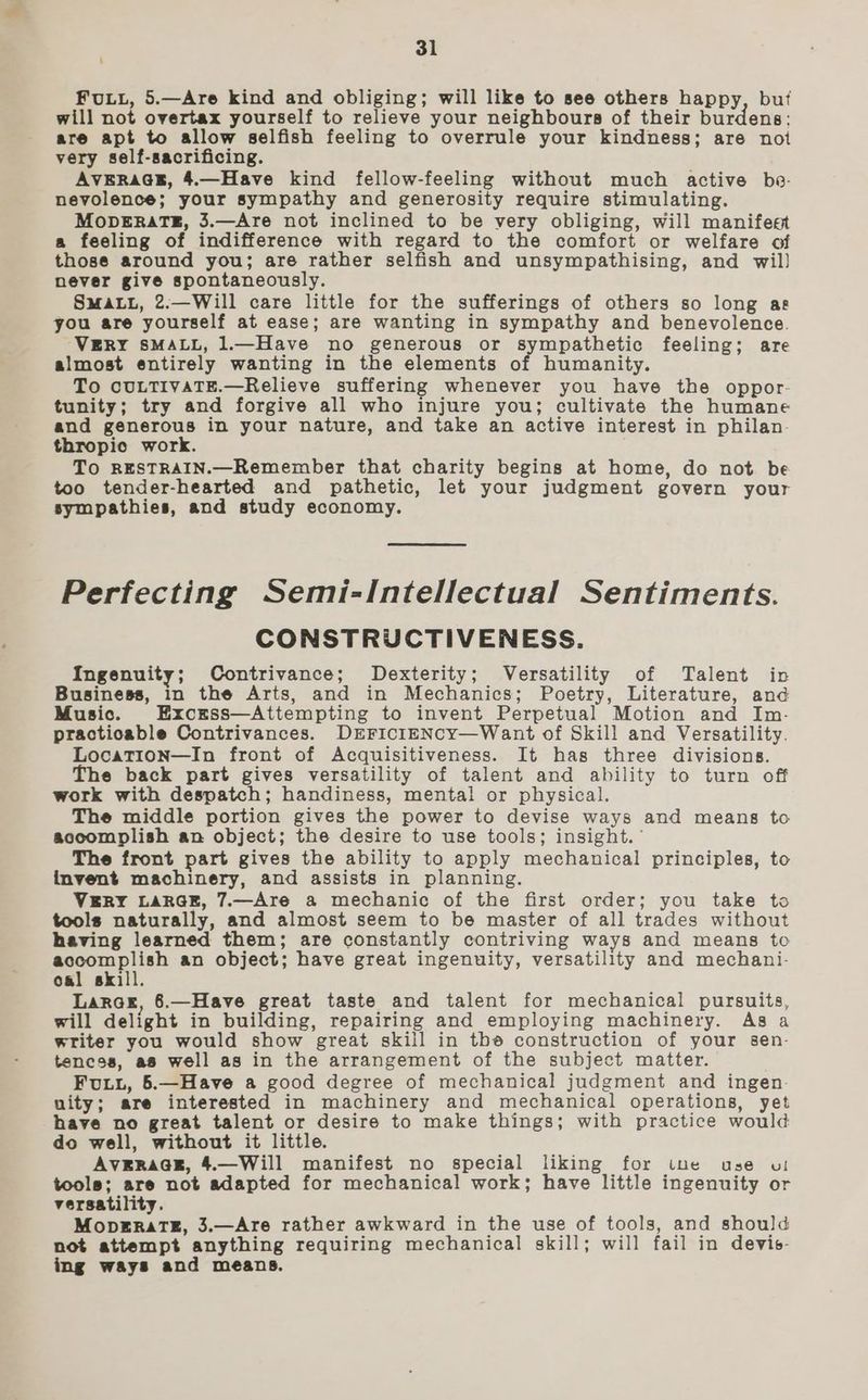 Foti, 5.—Are kind and obliging; will like to see others happy, but will not overtax yourself to relieve your neighbours of their burdens: are apt to allow selfish feeling to overrule your kindness; are not very self-sacrificing. AVERAGE, 4.—Have kind fellow-feeling without much active bse- nevolence; your sympathy and generosity require stimulating. MoDERATE, 3.—Are not inclined to be very obliging, will manifest a feeling of indifference with regard to the comfort or welfare of those around you; are rather selfish and unsympathising, and wil) never give spontaneously. SMALL, 2.—Will care little for the sufferings of others so long ag you are yourself at ease; are wanting in sympathy and benevolence. VERY SMALL, 1.—Have no generous or sympathetic feeling; are almost entirely wanting in the elements of humanity. To CULTIVATE.—Relieve suffering whenever you have the oppor- tunity; try and forgive all who injure you; cultivate the humane and generous in your nature, and take an active interest in philan- thropic work. . TO RESTRAIN.—Remember that charity begins at home, do not be too tender-hearted and pathetic, let your judgment govern your sympathies, and study economy. Perfecting Semi-Intellectual Sentiments. CONSTRUCTIVENESS. Ingenuity; Contrivance; Dexterity; Versatility of Talent in Business, in the Arts, and in Mechanics; Poetry, Literature, and Music. Excrss—Attempting to invent Perpetual Motion and Im.- practioable Contrivances. DErFICIENCy—Want of Skill and Versatility. LocaTIoN—In front of Acquisitiveness. It has three divisions. The back part gives versatility of talent and ability to turn off work with despatch; handiness, mental or physical. The middle portion gives the power to devise ways and means to accomplish an object; the desire to use tools; insight. ’ The front part gives the ability to apply mechanical principles, to invent machinery, and assists in planning. VERY LARGE, 7.—Are a mechanic of the first order; you take to tools naturally, and almost seem to be master of all trades without having learned them; are constantly contriving ways and means to ee an object; have great ingenuity, versatility and mechani- oa! skill. LarGE, 6.—Have great taste and talent for mechanical pursuits, will delight in building, repairing and employing machinery. As a writer you would show great skill in the construction of your s8en- tences, as well as in the arrangement of the subject matter. FULL, 5.—Have a good degree of mechanical judgment and ingen. unity; are interested in machinery and mechanical operations, yet have no great talent or desire to make things; with practice would do well, without it little. AVERAGE, 4.—Will manifest no special liking for ine use uw! tools; are not adapted for mechanical work; have little ingenuity or versatility. MoperatT®, 3.—Are rather awkward in the use of tools, and should not attempt anything requiring mechanical skill; will fail in devis- ing ways and means.