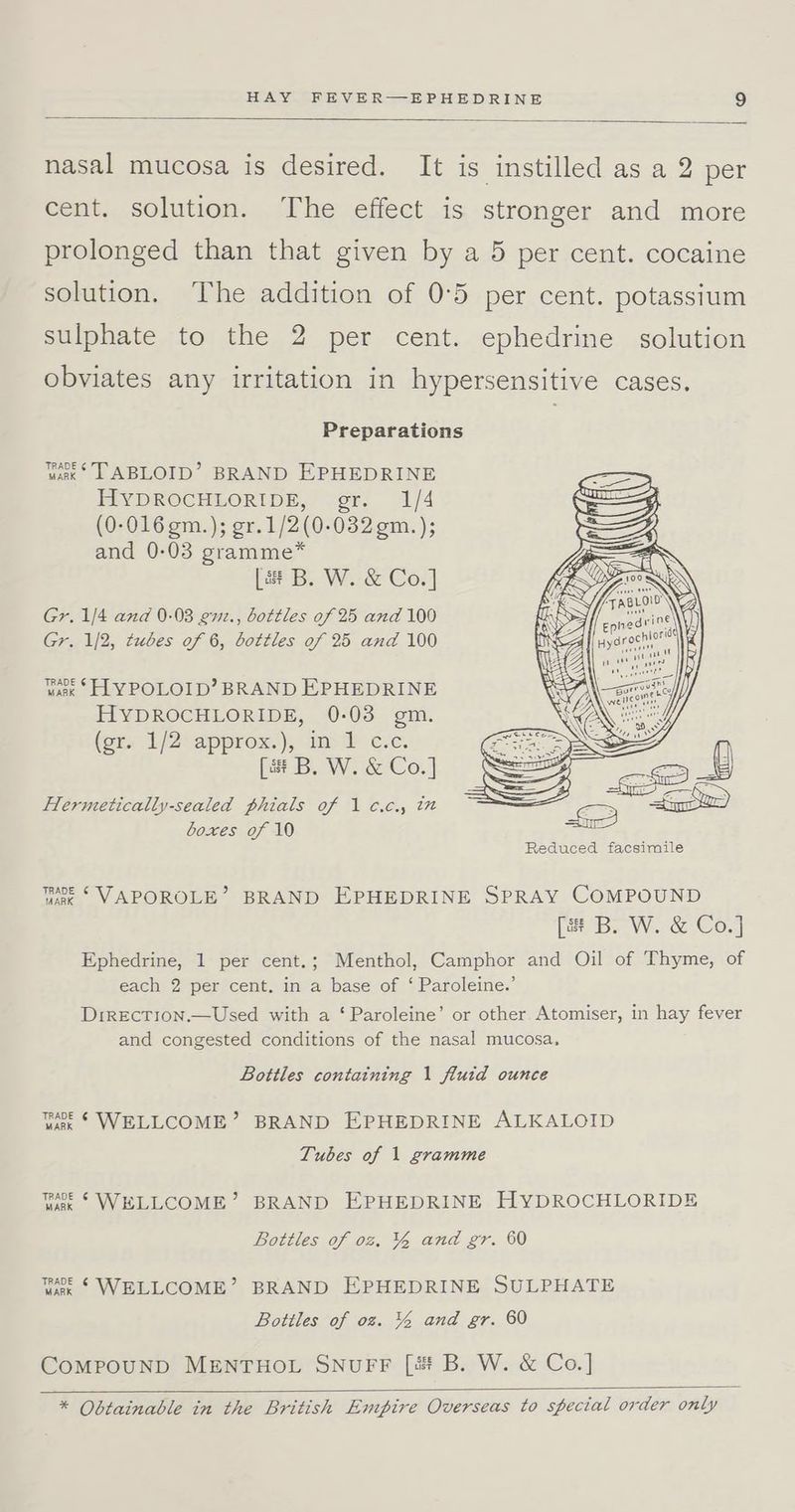 nasal mucosa is desired. It is instilled as a 2 per cent. solution. The effect is stronger and more prolonged than that given by a 5 per cent. cocaine solution. The addition of 0°5 per cent. potassium sulphate to the 2 per cent. ephedrine solution obviates any irritation in hypersensitive cases. Preparations wax © TABLOID’ BRAND EPHEDRINE HYDROCHLORIDE, gr. 1/4 (0-016 gm.); gr.1/2(0-0329m.); and 0-03 gramme* [s B. W. &amp; Co.] Gr. 1/4 and 0-03 gnz., bottles of 25 and 100 Gr. 1/2, tubes of 6, bottles of 25 and 100 nedrine pyarochiori or ua ( fovea! ve a Waser Ss HYPOLOID’? BRAND EPHEDRINE HYDROCHLORIDE, 0-03 gm. (sr, 1/2tapprox.), ty -c.e. ( ae [a B. W. &amp; Co.] —. Sree) g ~~ 4 i Hermetically-sealed phials of 1 ¢.c., in £2 Saar) boxes of 10 Reduced facsimile wie “ VAPOROLE’ BRAND EPHEDRINE SPRAY COMPOUND [at B. W. &amp; Co.] Ephedrine, 1 per cent.; Menthol, Camphor and Oil of Thyme, of each 2 per cent. in a base of ‘ Paroleine.’ DrrectTion.—Used with a ‘ Paroleine’ or other. Atomiser, in hay fever and congested conditions of the nasal mucosa, Bottles containing 1 fluid ounce Tae € WELLCOME’ BRAND EPHEDRINE ALKALOID Tubes of 1 gramme Tene © WELLCOME’ BRAND EPHEDRINE HYDROCHLORIDE Bottles of 02. % and gr. 60 moe 6 WELLCOME’ BRAND EPHEDRINE SULPHATE Bottles of oz. % and gr. 60 CoMPOUND MENTHOL SNUFF [i B. W. &amp; Co.] * Obtainable in the British Empire Overseas to special order only
