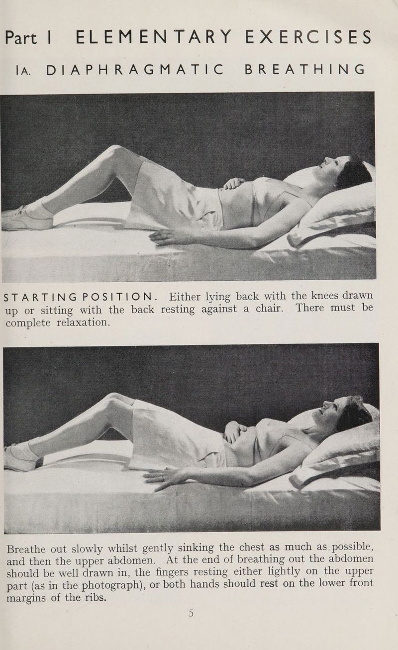 STARTING POSITION. Either lying back with the knees drawn up or sitting with the back resting against a chair. There must be complete relaxation. On