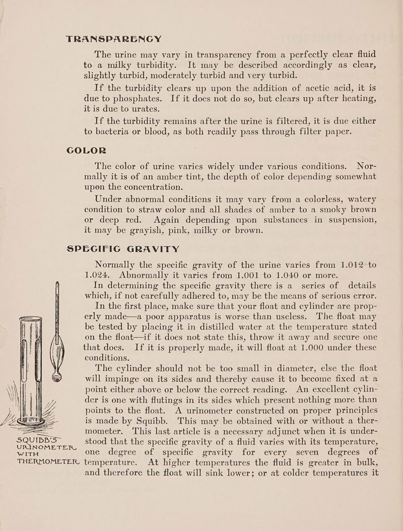 The urine may vary in transparency from a perfectly clear fluid to a milky turbidity. It may be described accordingly as clear, slightly turbid, moderately turbid and very turbid. If the turbidity clears up upon the addition of acetic acid, it is due to phosphates. If it does not do so, bat clears up after heating, it is due to urates. If the turbidity remains after the urine is filtered, it is due either to bacteria or blood, as both readily pass through filter paper. The color of urine varies widely under various conditions. Nor- mally it is of an amber tint, the depth of color depending somewhat upon the concentration. Under abnormal conditiens it may vary from a colorless, watery condition to straw color and all shades of amber to a smoky brown or deep red. Again depending upon substances in suspension, it may be grayish, pink, milky or brown. = ae SQUIBB'S~ UIRINOME DE RS WITH THERMOMETER, Normally the specific gravity of the urine varies from 1.012 to 1.024, Abnormally it varies from 1.001 to 1.040 or more. In determining the specific gravity there is a series of details which, if not carefully adhered to, may be the means of serious error. In the first place, make sure that your float and cylinder are prop- erly made—a poor apparatus is worse than useless. The float may be tested by placing it in distilled water at the temperature stated on the float—if it does not state this, throw it away and secure one that does. If it is properly made, it will float at 1.000 under these conditions. The cylinder should not be too small in diameter, else the float will impinge on its sides and thereby cause it to become fixed at a point either above or below the correct reading. An excellent cylin- der is one with flutings in its sides which present nothing more than points to the float. A urinometer constructed on proper principles is made by Squibb. This may be obtained with or without a ther- mometer. This last article is a necessary adjunct when it is under- stood that the specific gravity of a fluid varies with its temperature, one degree of specific gravity for every seven degrees of temperature. At higher temperatures the fluid is greater in bulk, and therefore the float will sink lower; or at colder temperatures it