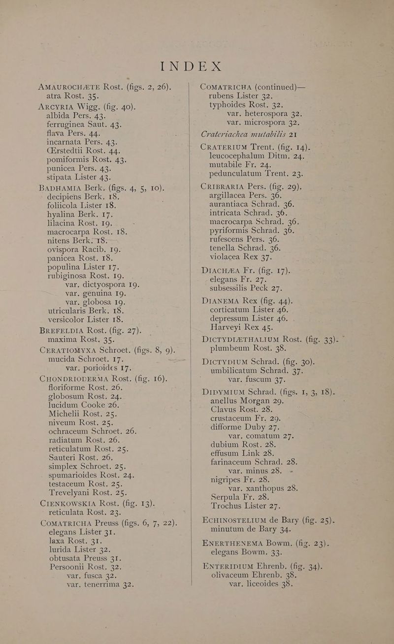 ARCYRIA Wigg. (fig. 40). albida Pers. 43. ferruginea Saut. 43. flava Pers. 44. incarnata Pers. 43. (Erstedtii Rost. 44. pomiformis Rost. 43. punicea Pers. 43. stipata Lister 43. BADHAMIA Berk. (figs. 4, 5, 10). decipiens Berk. 18. foliicola Lister 18. hyalina Berk. 17. lilacina Rost. 19, macrocarpa Rost. 18. nitens Berk. 18. ovispora Racib. 19. panicea Rost. 18. populina Lister 17. rubiginosa Rost. 19. var. dictyospora 19. var. genuina IQ. var. globosa 19. utricularis Berk. 18. versicolor Lister 18. BREFELDIA Rost. (fig. 27). maxima Rost. 35. mucida Schroet. 17. var. porioides 17. CHONDRIODERMA Rost. (fig. 16). floriforme Rost. 26. globosum Rost. 24. lucidum Cooke 26. Michelii Rost. 25. niveum Rost. 25. ochraceum Schroet. 26. radiatum Rost. 26. reticulatum Rost. 25. Sauteri Rost. 26. simplex Schroet. 25. spumarioides Rost. 24. testaceum Rost. 25. Trevelyani Rost. 25. CIENKOWSKIA Rost. (fig. 13). reticulata Rost. 23. elegans Lister 31. laxa Rost. 31. lurida Lister 32. obtusata Preuss 31. Persoonii Rost. 32. var. fusca 32. var. tenerrima 32. COMATRICHA (continued)— typhoides Rost. 32. var. heterospora 32. var. microspora 32. Crateriachea mutabilis 21 CRATERIUM Trent. (fig. 14). leucocephalum Ditm, 24. mutabile Fr. 24. pedunculatum Trent. 23. CRIBRARIA Pers. (fig. 29), argillacea Pers. 36. aurantiaca Schrad. 36. intricata Schrad. 36. macrocarpa Schrad. 36, pyriformis Schrad. 36. rufescens Pers. 36. tenella Schrad. 36. violacea Rex 37. DIACHAA Fr. (fig. 17). elegans Fr. 27. subsessilis Peck 27. DIANEMA Rex (fig. 44). corticatum Lister 46. depressum Lister 46. Harveyi Rex 45. plumbeum Rost. 38. Dictyp1uM Schrad. (fig. 30). umbilicatum Schrad. 37. var. fuscum 37. anellus Morgan 29. Clavus Rost. 28. crustaceum Fr. 29. difforme Duby 27. var. comatum 27. dubium Rost. 28. effusum Link 28. farinaceum Schrad. 28. var. minus 28. « nigripes Fr. 28. var. xanthopus 28. Serpula Fr. 28. Trochus Lister 27. minutum de Bary 34. ENERTHENEMA Bowm. (fig. 23). elegans Bowm. 33. ENTERIDIUM Ehrenb, (fig. 34). olivaceum Ehrenb. 38. var. liceoides 38.