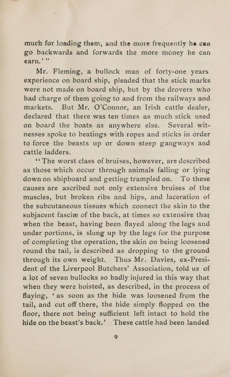 much for loading them, and the more frequently he can go backwards and forwards the more money he can earn.’” Mr. Fleming, a bullock man of forty-one years experience on board ship, pleaded that the stick marks were not made on board ship, but by the drovers who had charge of them going to and from the railways and markets. But Mr. O’Connor, an Irish cattle dealer, declared that there was ten times as much stick used on board the boats as anywhere else. Several wit- nesses spoke to beatings with ropes and sticks in order to force the beasts up or down steep gangways and cattle ladders. ‘‘The worst class of bruises, however, are described as those which occur through animals falling or lying down on shipboard and getting trampled on. To these causes are ascribed not only extensive bruises of the muscles, but broken ribs and hips, and laceration of the subcutaneous tissues which connect the skin to the subjacent fasciz of the back, at times so extensive that when the beast, having been flayed along the legs and under portions, is slung up by the legs for the purpose of completing the operation, the skin on being loosened round the tail, is described as dropping to the ground through its own weight. Thus Mr. Davies, ex-Presi- dent of the Liverpool Butchers’ Association, told us of a lot of seven bullocks so badly injured in this way that when they were hoisted, as described, in the process of flaying, ‘as soon as the hide was loosened from the tail, and cut off there, the hide simply flopped on the floor, there not being sufficient left intact to hold the hide on the beast’s back.’ These cattle had been landed