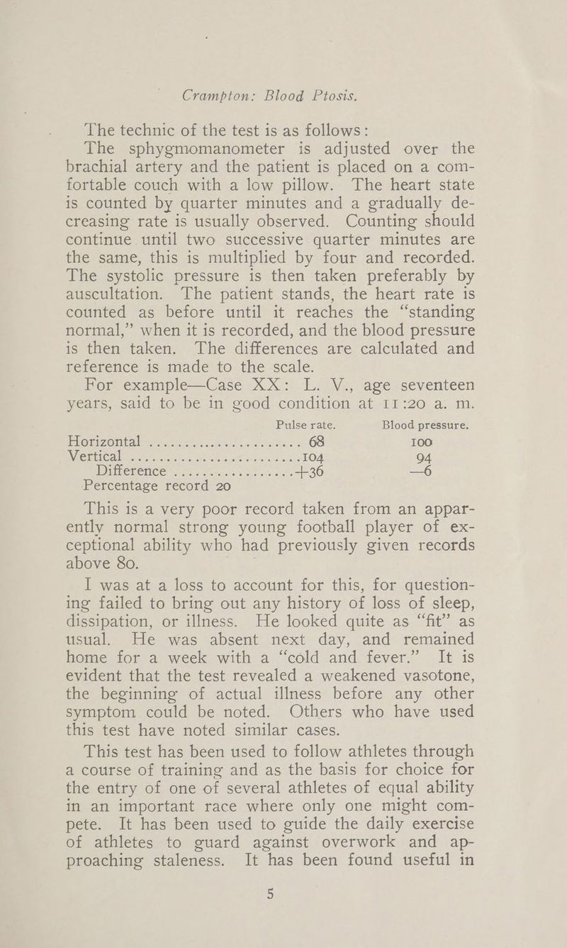 The technic of the test is as follows: The sphygmomanometer is adjusted over the brachial artery and the patient is placed on a com- fortable couch with a low pillow. The heart state is counted by quarter minutes and a gradually de- creasing rate is usually observed. Counting should continue until two successive quarter minutes are the same, this is multiplied by four and recorded. The systolic pressure is then taken preferably by auscultation. The patient stands, the heart rate is counted as before until it reaches the “standing normal,” when it is recorded, and the blood pressure is then taken, Ihe differences are: calculated. and reference is made to the scale. For example—Case XX: L. V., age seventeen years, said to be in good condition at 11:20 a. m. Pulse rate. Blood pressure. BRST 7-01 02s pei nee eee nae i 68 100 Ni eee eee 104 94 Diimenenee 62 aai.cs kaa eee +36 —6 Percentage record 20 This is a very poor record taken from an appar- ently normal strong young football player of ex- ceptional ability who had previously given records above 80. 7 I was at a loss to account for this, for question- ing failed to bring out any history of loss of sleep, dissipation, or illness. He looked quite as “fit” as usual. He was absent next day, and remained home for a week with a “cold and fever.” It is evident that the test revealed a weakened vasotone, the beginning of actual illness before any other symptom could be noted. Others who have used this test have noted similar cases. This test has been used to follow athletes through a course of training and as the basis for choice for the entry of one of several athletes of equal ability in an important race where only one might com- pete. It has been used to guide the daily exercise of athletes to guard against overwork and ap- proaching staleness. It has been found useful in