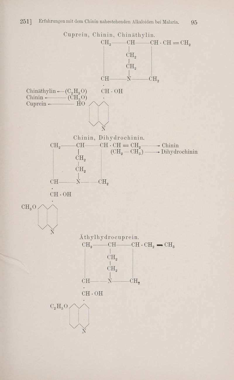CHR CH GE CH=—=CH; | | ji CH, | CH N CD, Chinäthylin <-(C,H,O) CH-OH Chinin «——— (CH, Cuprein = — HO . NN aa N Chinin, Dihydreekinin. CE, CH CH -CH—= CH, — Chinin | (CH, — CH,) —— Dihydrochinin CH, | CH, | CH N CR, CH-OH EIERN ZN EN NL N 2 Athylhydrocuprein. CH,——CH—— CH. CH, = CH, | GEL | CH, | CH N CH, CH-OH es2.:0 f ar NUN