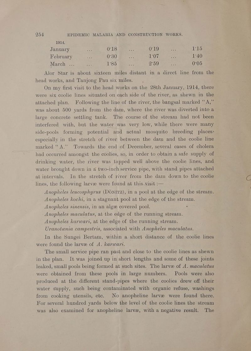 1914, January ae 0°18 yy Og ee LAs February e: 0°30 ai TOM = 140 March: =. oes 1°85 are 2°59 es 0°05 Alor Star is about sixteen miles distant in a direct line from the head works, and Tanjong Pau six miles. On my first visit to the head works on the 28th January, 1914, there were six coolie lines situated on each side of the river, as shewn in the attached plan. Following the line of the river, the bangsal marked “A,” was about 500 yards from the dam, where the river was diverted into a large concrete settling tank. The course of the stream had not been interfered with, but the water was very low, while there were many side-pools forming potential and actual mosquito breeding places» especially in the stretch of river between the dam and the coolie line marked “A.” Towards the end of December, several cases of cholera had occurred amongst the coolies, so, in order to obtain a safe supply of drinking water, the river was tapped well above the coolie lines, and water brought down in @ two-inch service pipe, with stand pipes attached at intervals. In the stretch of river from the dam down to the coolie lines, the following larvee were found at this_visit :— Anopheles leucosphyrus (DONItZ), in a pool at the edge of the stream. Anopheles kochi, in a stagnant. pool at the edge of the stream. Anopheles sinensis, in an alge covered pool. Anopheles maculatus, at the edge of the running stream. Anopheles karwart, at the edge of the running stream. Uranotenia campestris, associated with Anopheles maculatus. In the Sungei Bertam, within a short distance of the coolie lines were found the larve of A. karwari. , The small service pipe ran past and close to the coolie lines as shewn in the plan. It was joined up in short lengths and some of these joints leaked, small pools being formed at such sites. The larve of A. maculatus were obtained from these pools in large numbers. Pools were also produced at the different stand-pipes where the coolies drew off their water supply, such being contaminated with organic refuse, washings from cooking utensils, etc. No anopheline larve were found there. For several hundred yards below the level of the coolie lines the stream was also examined for anopheline larvae, with a negative result. The