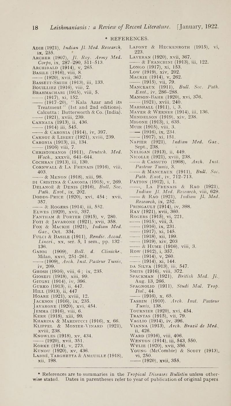 [January, 1922. Apig (1921), Indian Jl. Med. Research, ix, 295. 4 j ARCHER (1907), Jl. Roy. Army Med. Corps, ix, 287-290, 511-513. ARCHIBALD (1914), v, 265. BASILE (1916), viii, 8. —— (1920), xvii, 367. BassEtt-SMitH (1913), iii, 133. BOvuILLiEz (1916), viii, 2. BRAHMACHARI (1915), viii, 5. —-—- (1917), xi, 152. (1917-20), ‘‘ Kala Azar and its Treatment ’’ (Ist and 2nd editions). Calcutta: Butterworth &amp; Co. (India). —— (1921), xviii, 239. CANNATA (1913), 11, 436. —— (1914) ii, 545. —— &amp; CaRonia (1914), iv, 397. CARNOT &amp; LIBERT (1921), xviii, 239. CARONIA (1913), ii, 134. —— (1916) viii, 7. CHRISTOMANOS (1911), Deutsch. Med. Woch., xxxvii, 641-644. CocHRAN (1913), ii, 130. CORNWALL &amp; LA FrReEnars (1916), vii, 403. &amp; Menon (1918), xiii, 98. DI CRISTINA &amp; CARONIA (1915), v, 269. DELANOE &amp; DENIS (1916), Bull. Soc. IASI AOL spe, PAWS, Dopps-PricE (1920), xvi, 454 ; B07e &amp; ROGERS (1914), i, 552. ELwEs (1920), xvii, 357. FANTHAM &amp; PorTER (1915), v, 280. Fotr &amp; JAVARONE (1921), xvii, 358. Fox &amp; Mackie (1921), Indian Med. Gaz., Oct. 334. Futcr &amp; BasiLe (1911), Rendic. Accad. Lincet.; xx, ser. o, 1’sem., pp. 132— 136. GaBBI (1909), Boll. d. Milan, xxvi, 251-261. (1909), Arch. Inst. Pasteur Tunts, iv, 209. GHOSH (1916), vill, 6; ix, 235. GIOSEFI (1918), xiii, 99. GiuGni (1914), iv, 396. GurRkKo (1913), ii, 447. Hix (1913), ii, 447 HOARE (1921) xvii, 12. Jackson (1916), ix, 235. JAVARONE (1920), xvi, 454. Jemma (1916), viii, 6. KERR? 1918)) xu, 199, KuHaARINA &amp; MaRINuccI (1916), x, 66. KLIPPEL &amp; MONIER-VINARD (1921), XViil) 238. KNOWLES (1918), xv, 434. (1920), xvii, 351. KorkKE (1914), v, 273. Kunpbvu (1920), xv, 436. LaBBE, TARGHETTA &amp; AMEUILLE (1918), <i Js. XV, Cliniche., LAront &amp; H£ECKENROTH 223. LAVERAN (1920), xvii, 367. &amp; FRANCHINI (1913), iii, 122. Lonco (1917), xi, 153, Low (1919)) xiv, 202: MACKIE (1914), v, 262. —— (1915), vii, 79. MANCEAUX (1911), Exot., iv, 286-288. MANSON-BaAHR (1920), xvi, 376, —— (1921), xviii, 240. MARSHALL (1911), i, 3. MAYER &amp; WERNER (1914), 11, 136. MENDELSON (1919), xiv, 238. MiGone_E (1913), i, 635. Murr (1915), viii, 3. —— (1916), ix, 234. (1917) a 151. NAPIER (1921), Indian Med. Gaz., Sept., 238. : NELIGAN (1913), ii, 449. NICOLLE (1921), xviii, 238. (1915), vi, Bull. ‘So0csfan:; —— &amp; Cassuto (1908), Arch. Inst. Pasteur Tunis, 3. —— &amp; MAncEAUx (1911), Bull. Soc. Path. Exot., iv, 712-713. PATTON LOL) emis Le a LAME RENAIS CM IKAO™ (LUZ Indian Jl. Med. Research, viii, 629. &amp; Rao (1921), Indian Jl. Med. Research, ix, 252. PRINGAULT (1914), iv, 398. Ray (1921), xvii, 360. RoceErs (1915), vi, 221. —-—~ (1915), viii, 3. —— (1916), ix, 231. —— (1917), xi, 145. ——- (1918), xii, 199. —— (1919), xiv, 203 —— &amp; Hume (1916), vii, 3. Row: (1912), i, 357. (1914), v, 260. —— (1914), xi, 144. DA SILVA (1913), iti, 547. SMITS (1916), viii, 372. SPACKMAN (1921), British Med. Jl., Aug. 13, 266. SPAGNOLIO (1911), Stud: Mal. Trop. Ital., 44. —— (1916), x, 65. TasH1mM (1910). Arch. Inst. Pasteur Tunis, 138. TOURNIER (1920), xvi, 454. TRANTAS (1915), vii, 79. VaAGLio (1914), iv, 396. VIANNA (1913), Arch. Brazil de Med., ii, 426. Warp (1916), viii, 406. WENYown (1914), ii, 543, 550. WYLIE (1920), xvii, 356. YounGc (McCombie) &amp; Scott (1913), VignooU: —— (1920), xvii, 355. wise stated.