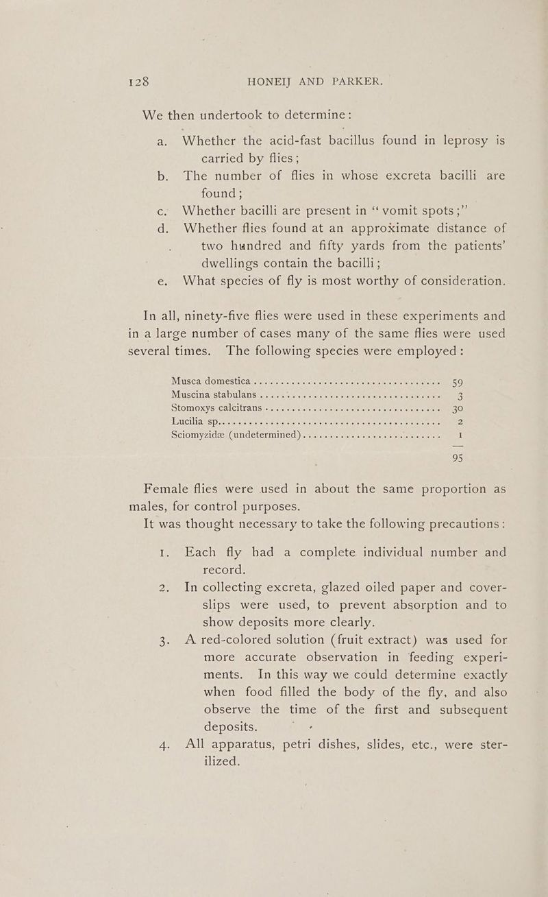 We then undertook to determine: a. Whether the acid-fast bacillus found in leprosy is carried by flies; b. The number of flies in whose excreta bacilli are found ; c. Whether bacilli are present in “‘ vomit spots ;”’ | d. Whether flies found at an approximate distance of two hundred and fifty yards from the patients’ dwellings contain the bacilli; e. What species of fly is most worthy of consideration. In all, ninety-five flies were used in these experiments and in a large number of cases many of the same flies were used several times. The following species were employed: Whusca Gd OnmeStica ya state nra ictal ny ate etele aaeetnei tre ce Uae Erm 59 Muascinatstabulansin smc om so cccas aie sniereerrs seen eats 3 SLOMOXYS Calcliransisia vas bo aleiel orem ete ceisg. wales aie 30 Liuciiaxsp.acs tenet ae ste ea eerie es torent stokes Nereere ne 2 Selomyzideey( undetermined yas cen sare cle sue earn, crete ante I 95 Female flies were used in about the same proportion as males, for control purposes. It was thought necessary to take the following precautions: 1. Each fly had a complete individual number and feECOLCs In collecting excreta, glazed oiled paper and cover- slips were used, to prevent absorption and to show deposits more clearly. 3. A red-colored solution (fruit extract) was used for more accurate observation in feeding experi- ments. In this way we could determine exactly when food filled the body of the fly, and also observe the time of the first and subsequent deposits. We All apparatus, petri dishes, slides, etc., were ster- ilized. iS) oa