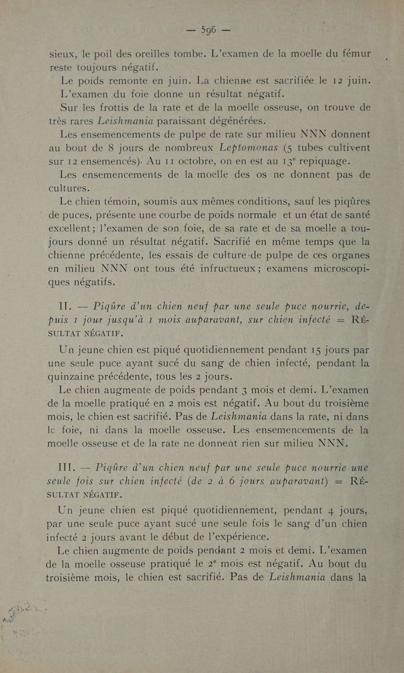sieux, le poil des oreilles tombe. L'examen de la moelle du fémur reste toujours négatif. Le poids remonte en juin. La chienne est sacrifiée le 12 juin. L'examen du foie donne un résultat négatif. Sur les frottis de la rate et de la moelle osseuse, on trouve de très rares Leishmania paraissant dégénérées. Les ensemencements de pulpe de rate sur milieu NNN donnent au bout de 8 jours de nombreux Leptomonas (5 tubes cultivent sur 12 ensemencés). Au 11 octobre, on en est au 13° repiquage. Les ensemencements de la moelle des os ne donnent pas de cultures. Le chien témoin, soumis aux mêmes conditions, sauf les piqûres de puces, présente une courbe de poids normale et un état de santé excellent ; l’examen de son foie, de sa rate et de sa moelle a tou- jours donné un résultat négatif. Sacrifié en même temps que la chienne précédente, les essais de culture-de pulpe de ces organes en milieu NNN ont tous été infructueux ; examens microscopi- ques négatifs. IT. — Piqüre d'un chien neuf par une seule puce nourrie, de- puis 1 jour jusqu'à 1 mois auparavant, sur chien infecté = RÉ- SULTAT NÉGATIF. Un jeune chien est piqué quotidiennement pendant 13 jours par une seule puce ayant sucé du sang de chien infecté, pendant la quinzaine précédente, tous les 2 jours. Le chien augmente de poids pendant 3 mois et demi. L’examen de la moelle pratiqué en 2 mois est négatif. Au bout du troisième mois, le chien est sacrifié. Pas de Leishmania dans la rate, ni dans lc foie, ni dans la moelle osseuse. Les ensemencements de la moelle osseuse et de la rate ne donnent rien sur milieu NNN. IT. — Piqüre d'un chien neuf par une seule puce nourrie une seule fois sur chien infecté (de 2 à 6 jours auparavant) = RéÉ- SULTAT NÉGATIF. Un jeune chien est piqué quotidiennement, pendant 4 jours, par une seule puce ayant sucé une seule fois le sang d’un chien infecté 2 jours avant le début de l’expérience. Le chien augmente de poids pendant 2 mois et demi. L'examen de la moelle osseuse pratiqué le 2° mois est négatif. Au bout du troisième mois, le chien est sacrifié. Pas de Leishmania dans la