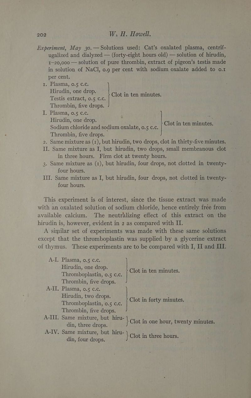 Experiment, May 30.— Solutions used: Cat’s oxalated plasma, centrif- ugalized and dialyzed — (forty-eight hours old) — solution of hirudin, I-20,000 — solution of pure thrombin, extract of pigeon’s testis made in solution of NaCl, 0.9 per cent with sodium oxalate added to o.1 per cent, t. Plasma,.o.5 0.0; Hirudin, one drop. Testis extract, 0.5 c.c. Thrombin, five drops. J. Plasma, 0.5 c.c. Hirudin, one drop. Sodium chloride and sodium oxalate, 0.5 c.c. Thrombin, five drops. 2. Same mixture as (1), but hirudin, two drops, clot in thirty-five minutes. II. Same mixture as I, but hirudin, two drops, small membranous clot in three hours. Firm clot at twenty hours. 3. Same mixture as (1), but hirudin, four drops, not clotted in twenty- four hours. III. Same mixture as I, but hirudin, four drops, not clotted in twenty- four hours. Clot in ten minutes. Clot in ten minutes. This experiment is of interest, since the tissue extract was made with an oxalated solution of sodium chloride, hence entirely free from available calcium. The neutralizing effect of this extract on the hirudin is; however, evident in 2 as compared with IT. A similar set of experiments was made with these same solutions except that the thromboplastin was supplied by a glycerine extract of thymus. These experiments are to be compared with I, II and III. A-I. Plasma, 0.5 c.c. Hirudin, one drop. Thromboplastin, 0.5 c.c. Thrombin, five drops. A-II. Plasma, o.5 c.c. Clot in ten minutes. Hirudin, two drops. Thromboplastin, 0.5 c.c. Thrombin, five drops. A-ITI. Same mixture, but hiru- din, three drops. A-IV. Same mixture, but hiru- din, four drops. Clot in forty minutes. Clot in one hour, twenty minutes. Clot in three hours.