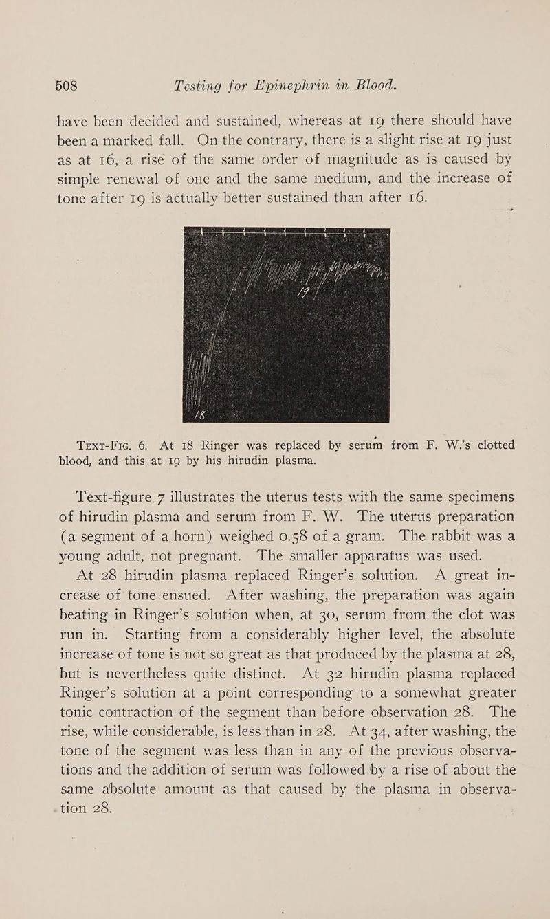 have been decided and sustained, whereas at 19 there should have been a marked fall. On the contrary, there is a slight rise at 19 just as at 16, a rise of the same order of magnitude as is caused by simple renewal of one and the same medium, and the increase of tone after 19 is actually better sustained than after 16. Text-Fic. 6. At 18 Ringer was replaced by serum from F. W.’s clotted blood, and this at 19 by his hirudin plasma. Text-figure 7 illustrates the uterus tests with the same specimens of hirudin plasma and serum from F. W. ‘The uterus preparation (a segment of a horn) weighed 0.58 of a gram. The rabbit was a young adult, not pregnant. The smaller apparatus was used. At 28 hirudin plasma replaced Ringer’s solution. A great in- crease of tone ensued. After washing, the preparation was again beating in Ringer’s solution when, at 30, serum from the clot was run in. Starting from a considerably higher level, the absolute increase of tone is not so great as that produced by the plasma at 28, but is nevertheless quite distinct. At 32 hirudin plasma replaced Ringer’s solution at a point corresponding to a somewhat greater tonic contraction of the segment than before observation 28. The rise, while considerable, is less than in 28. At 34, after washing, the tone of the segment was less than in any of the previous observa- tions and the addition of serum was followed by a rise of about the same absolute amount as that caused by the plasma in observa- tion 28.