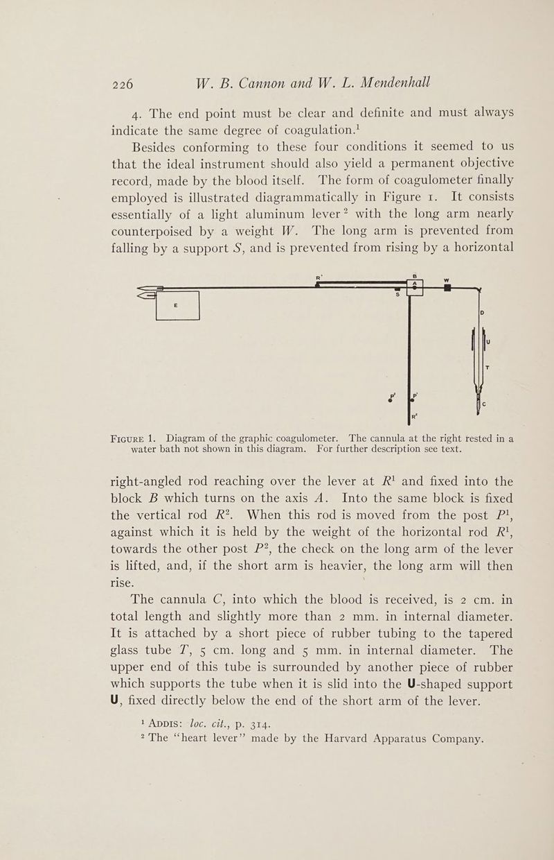 4. The end point must be clear and definite and must always indicate the same degree of coagulation.! Besides conforming to these four conditions it seemed to us that the ideal instrument should also yield a permanent objective record, made by the blood itself. The form of coagulometer finally employed is illustrated diagrammatically in Figure 1. It consists essentially of a light aluminum lever® with the long arm nearly counterpoised by a weight W. The long arm is prevented from falling by a support S, and is prevented from rising by a horizontal Ficure 1. Diagram of the graphic coagulometer. The cannula at the right rested in a water bath not shown in this diagram. For further description see text. right-angled rod reaching over the lever at R' and fixed into the block B which turns on the axis A. Into the same block is fixed the vertical rod R?. When this rod is moved from the post P!, against which it is held by the weight of the horizontal rod R’, towards the other post P?, the check on the long arm of the lever is lifted, and, if the short arm is heavier, the long arm will then rise. The cannula C, into which the blood is received, is 2 cm. in total length and slightly more than 2 mm. in internal diameter. It is attached by a short piece of rubber tubing to the tapered glass tube T, 5 cm. long and 5 mm. in internal diameter. The upper end of this tube is surrounded by another piece of rubber which supports the tube when it is slid into the U-shaped support U, fixed directly below the end of the short arm of the lever. LSADDIS eV0CuCiIL ap. eg 14. 2 The “heart lever’? made by the Harvard Apparatus Company.