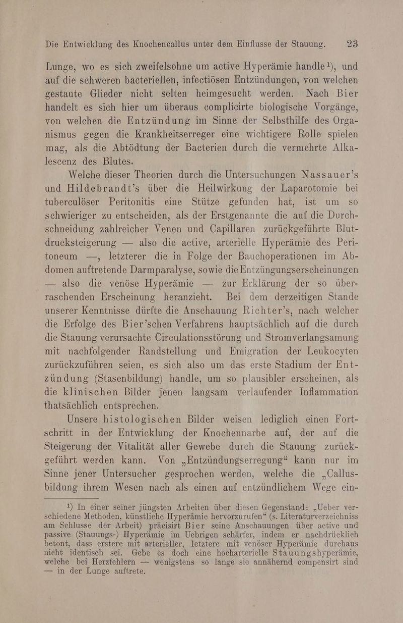 Lunge, wo es sich zweifelsohne um active Hyperämie handle!), und auf die schweren bacteriellen, infectiösen Entzündungen, von welchen gestaute Glieder nicht selten heimgesucht werden. Nach Bier handelt es sich hier um überaus complicirte biologische Vorgänge, von welchen die Entzündung im Sinne der Selbsthilfe des Orga- nismus gegen die Krankheitserreger eine wichtigere Rolle spielen mag, als die Abtödtung der Bacterien durch die vermehrte Alka- lescenz des Blutes. Welche dieser Theorien durch die Untersuchungen Nassauer’s und Hildebrandt’s über die Heilwirkung der Laparotomie bei tuberculöser Peritonitis eine Stütze gefunden hat, ist um so schwieriger zu entscheiden, als der Erstgenannte die auf die Durch- schneidung zahlreicher Venen und Capillaren zurückgeführte Blut- drucksteigerung — also die active, arterielle Hyperämie des Peri- toneum —, letzterer die in Folge der Bauchoperationen im Ab- domen auftretende Darmparalyse, sowie die Entzüngungserscheinungen — also die venöse Hyperämie — zur Erklärung der so über- raschenden Erscheinung heranzieht. Bei dem derzeitigen Stande unserer Kenntnisse dürfte die Anschauung Richter’s, nach welcher die Erfolge des Bier’schen Verfahrens hauptsächlich auf die durch die Stauung verursachte Cireulationsstörung und Stromverlangsamung mit nachfolgender Randstellung und Emigration der Leukocyten zurückzuführen seien, es sich also um das erste Stadium der Ent- zündung (Stasenbildung) handle, um so plausibler erscheinen, als die klinischen Bilder jenen langsam verlaufender Inflammation thatsächlich entsprechen. Unsere histologischen Bilder weisen lediglich einen Fort- schritt in der Entwicklung der Knochennarbe auf, der auf die Steigerung der Vitalität aller Gewebe durch die Stauung zurück- geführt werden kann. Von „Entzündungserregung* kann nur im Sinne jener Untersucher gesprochen werden, welche die „Callus- bildung ihrem Wesen nach als einen auf entzündlichem Wege ein- 1) In einer seiner jüngsten Arbeiten über diesen Gegenstand: „Ueber ver- schiedene Methoden, künstliche Hyperämie hervorzurufen“ (s. Literaturverzeichniss am Schlusse der Arbeit) präcisirt Bier seine Anschauungen über active und passive (Stauungs-) Hyperämie im Uebrigen schärfer, indem er nachdrücklich betont, dass erstere mit arterieller, letztere mit venöser Hyperämie durchaus nicht identisch sei. Gebe es doch eine höcharterielle Stauungshyperämie, welche bei Herzfehlern — wenigstens so lange sie annähernd compensirt sind — in der Lunge auftrete.