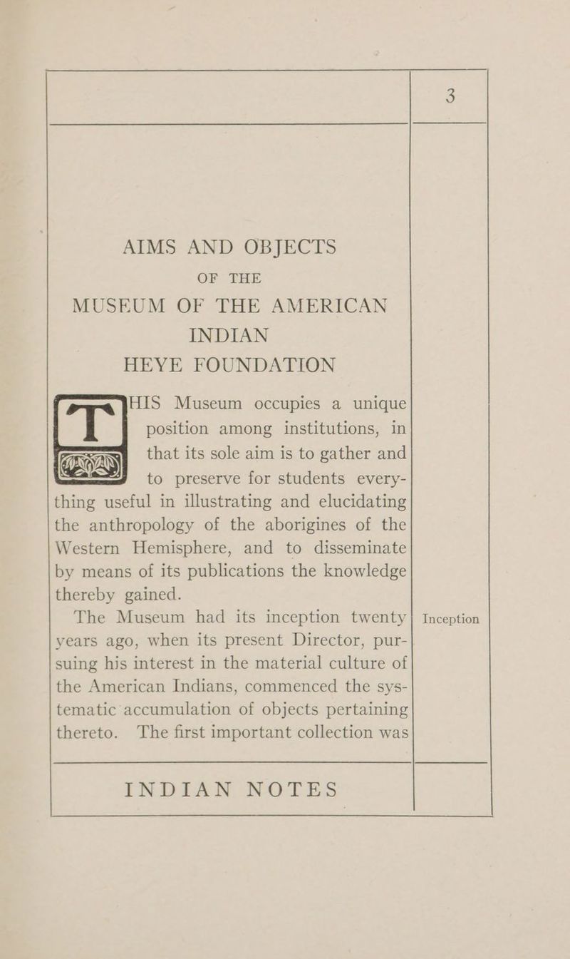 OF THE MUSEUM OF THE AMERICAN INDIAN HEYE FOUNDATION HIS Museum occupies a unique position among institutions, in that its sole aim is to gather and to preserve for students every- thing useful in illustrating and elucidating the anthropology of the aborigines of the Western Hemisphere, and to disseminate by means of its publications the knowledge thereby gained. The Museum had its inception twenty] Inception years ago, when its present Director, pur- suing his interest in the material culture of the American Indians, commenced the sys- tematic accumulation of objects pertaining thereto. The first important collection was
