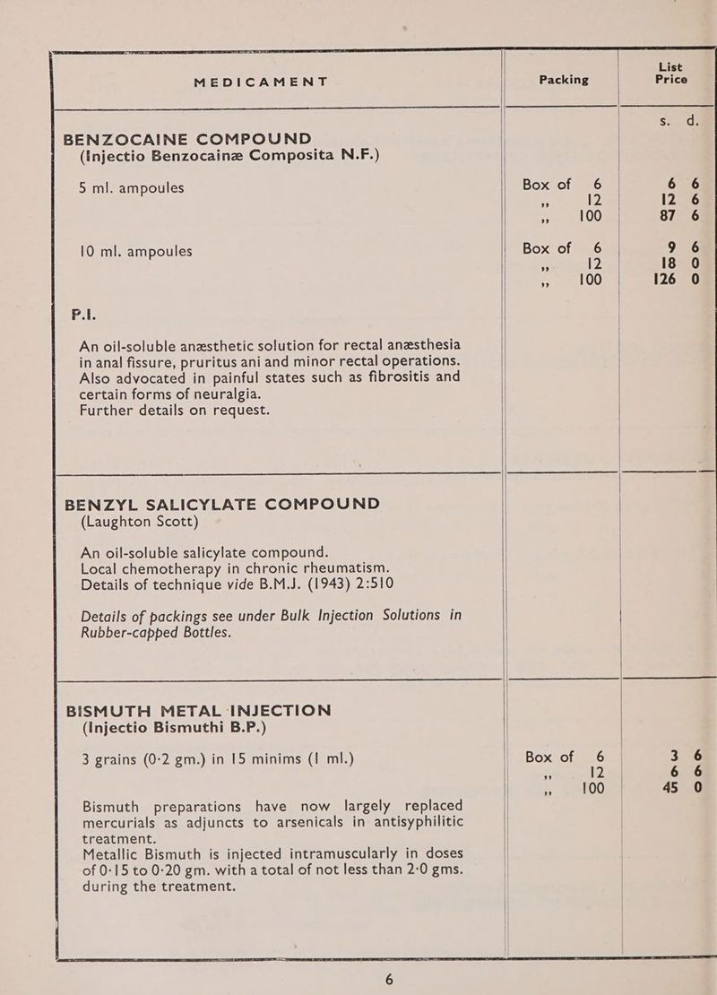 BENZOCAINE COMPOUND (injectio Benzocaine Composita N.F.) 5 ml. ampoules 10 ml. ampoules P.I. An oil-soluble anesthetic solution for rectal anzsthesia in anal fissure, pruritus ani and minor rectal operations. Also advocated in painful states such as fibrositis and certain forms of neuralgia. Further details on request. BENZYL SALICYLATE COMPOUND (Laughton Scott) An oil-soluble salicylate compound. Local chemotherapy in chronic rheumatism. Details of technique vide B.M.J. (1943) 2:510 Details of packings see under Bulk Injection Solutions in Rubber-capped Bottles. BISMUTH METAL INJECTION (Injectio Bismuthi B.P.) 3 grains (0-2 gm.) in 15 minims (1 ml.) Bismuth preparations have now largely replaced mercurials as adjuncts to arsenicals in antisyphilitic treatment. Metallic Bismuth is injected intramuscularly in doses of 0:15 to 0:20 gm. with a total of not less than 2:0 gms. during the treatment. Box of 6 - 12 ny 100 ” 12 $ 100 i IZ - 100 oon CAS