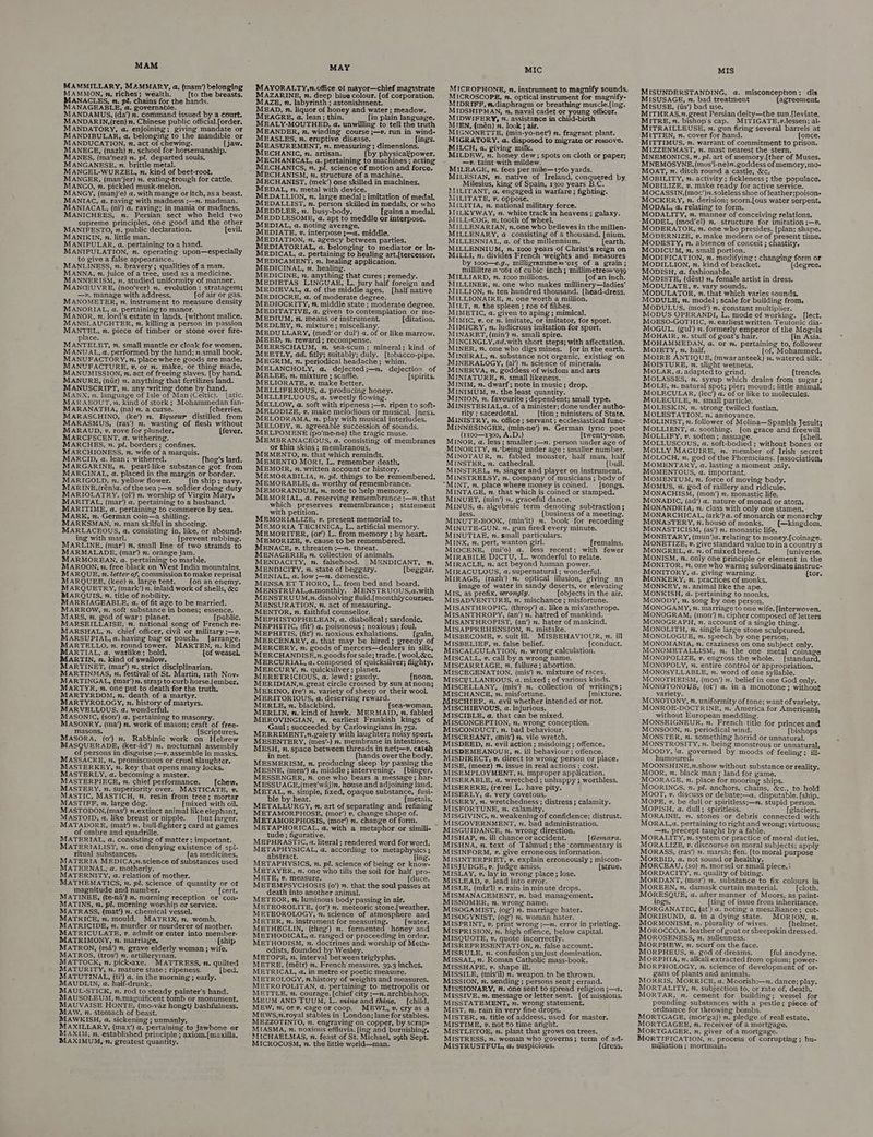 MAM MAMMILLARY, MAMMARY, a. (mam’) belonging MAMMON, n. riches; wealth. [to the breasts. MANACLES, n. pl. chains for the hands. MANAGEABLE, a, governable. MANDAMUS, (da’) n. command issued by a court. MANDARIN,(ren) 2. Chinese public official.[order. MANDATORY, a. enjoining ;, giving mandate or MANDIBULAR, a, belonging to the mandible or MANDUCATION, n. act of chewing. (jaw. MANEGE, (nazh) n. school for horsemanship. MANES, (ma/nez) n. pl. departed souls, MANGANESE, n. brittle metal. MANGEL-WURZEL, n. kind of beet-root. MANGER, (man’jer) n. eating-trough for cattle. MANGO, n. pickled musk-melon. MANGY, (manj’e) a. with mange or itch, asa beast. MANIAC, a. raving with madness ;—n. madman. MANIACAL, (ni’) a. raving; in mania or madness, MANICHEES, n. Persian sect who held two supreme principles, one good and the other MANIFESTO, n. public declaration. [evil. MANIKIN, . little man. MANIPULAR, a. pertaining to a hand. i MANIPULATION, n. operating upon—especially to give a false appearance. MANLINESS, n. bravery; qualities of a man. MANNA, . juice of a tree, used as a medicine. MANNERISM, 2. studied uniformity of manner. MANCEUVRE, (noo’ver) n. evolution; stratagem; —?”, manage with address. fof air or gas. MANOMETER, 2. instrument to measure density MANORIAL, a. pertaining to manor. MANOR, 2. lord's estate in lands. [without malice. MANSLAUGHTER, n. killing a person in passion MANTEL, n. piece of timber or stone over fire- lace. MANTELET, m. small mantle or cloak for women. MANUAL, a. performed by the hand; .small book. MANUFACTORY, n. place where goods are made. MANUFACTURE, 2. or nv. make, or thing made, MANUMISSION, v. act of freeing slaves. [by hand, MANURE, (nir) ~. anything that fertilizes fand. MANUSCRIPT, 2. any writing done by hand. _ MANX, n. language of Isle of Man (Celtic). (atic. MARABOUT, n. kind of stork ; Mohammedan fan- MARANATHA, (na) 7. a curse. [cherries. MARASCHINO, (ke’) m. liqueur distilled from MARASMUS, (ras’) . wasting of flesh without MARAUD, v. rove for plunder. (fever. MARCESCENT, a. withering. MARCHES, n. pl. borders; confines. MARCHIONESS, n. wife of a marquis. MARCID, a. lean; withered. {hog's lard. MARGARINE, n. pearl-like substance got from MARGINAL, a. placed in the margin or border. MARIGOLD, x. yellow flower. {in ship ; navy. MARINE, (rén)a. of the sea ;—n. soldier doing duty MARIOLATRY. (ol’) n. worship of Virgin Mary. MARITAL, (mar’) a. pertaining to a husband. MARITIME, a. pertaining to commerce by sea, MARK, n. German coin—a shilling. MARKSMAN, n. man skilful in shooting. MARLACEOUS, a. consisting in, like, or abound- ing with marl. [prevent rubbing. MARLINE, (mar’) m. small line of two strands to MARMALADE, (mar’) n. orange jam. MARMOREAN, @. pertaining to marble. MAROON, 2. free black on West India mountains. MARQUE, n. letter of, commission to make reprisal MARQUEE, (kee) 7. large tent. fon an enemy. MARQUETRY, (mark’) . inlaid work of shells, &amp;c MARQUIS, n. title of nobility. MARRIAGEABLE, a. of fit age to be married. MARROW, 2. soft substance in bones; essence. MARS, n. god of war; planet. [public. MARSEILLAISE, 7. national song of French re- MARSHAL, n. chief. officer, civil or military ;—v. MARSUPIAL, a. having bag or pouch. arrange. MARTELLO, nz. round tower. MARTEN, zn. kind MARTIAL, a. warlike; bold. (of weasel MARTI, 2. kind of swallow. MARTINET, (mar’) 2. strict disciplinarian. MARTINMAS, n. festival of St. Martin, 11th Nov- MARTINGAL, (mar’) x. strap to curb horse.{ember, MARTYR, n. one put to death for the truth. MARTYRDOM, n, death of a martyr. MARTYROLOGY, x. history of martyrs. MARVELLOUS. a. wonderful. MASONIC, (son’) a. pertaining to masonry. MASONRY, (ma’) m. work of mason; craft of free- masons, (Scriptures. MASORA, (0’) m. Rabbinic work on Hebrew MASQUERADE, {ker-ad’) . nocturnal assembly of persons in disguise ;—v. assemble in masks. MASSACRE, n. promiscuous or cruel slaughter. MASTERKEY, n. key that opens many locks. MASTERLY, a. becoming a master. MASTERPIECE, », chief performance. _[chew. MASTERY, n. superiority over. MASTICATE, v. MASTIC, MASTICH, 2. resin from tree; mortar MASTIFF, n. large dog. [mixed with oil. MASTODON, (mas’) .extinct animal like elephant, MASTOID, a, like breast or nipple. [but larger. MATADORE, (mat’) 2. bull-fighter ; card at games of ombre and quadrille. MATERIAL, a. consisting of matter ; important. MATERIALIST, n. one denying existence of spi- ritual substances. {as medicines. MATERIA MEDICA,m.science of substances used MATERNAL, a. motherly. MATERNITY, a. relation of mother. MATHEMATICS, x. pl. science of quantity or of magnitude and number. (cert. MATINEE, (te-na’) n. morning reception or con- MATINS, n, pl. morning worship or service. MATRASS, (mat’) 2. chemical vessel. MATRICE, 2. mould. MATRIX, m. womb. MATRICIDE, v. murder or murderer of mother. MATRICULATE, v. admit or enter into member- MATRIMONY, n. marriage, ‘(ship MATRON, (ma’) 7. grave elderly woman ; wife. MATROS, (tros’) m. artilleryman. MATTOCK, n. pick-axe. MATTRESS, n. quilted MATURITY, n. mature state ; ripeness. [bed. MATUTINAL, (ti’) a. in the morning ; early. MAUDLIN, a. half-drunk. MAUL-STICK, n. rod to steady painter's hand. MAUSOLEUM, ”.magnificent tomb or monument. MAUVAISE HONTE, (mo-vaz hongt) bashfulness. MAW, n. stomach of beast. MAWKISH, a. sickening ; unmanly. MAXILLARY, (max’) a. pertaining to jawbone or MAXIM, x. established principle ; axiom.[maxilla, MAXIMUM, n, greatest quantity. MAY MAYORALTY,m.office of mayor—chief magistrate MAZARINE, n. deep blue colour. {of corporation, MAZE, n. labyrinth ; astonishment. MEAD, n. liquor of honey and water; meadow. MEAGRE, a. lean; thin. {in plain language. MEALY-MOUTHED, a. unwilling to tell the truth MEANDER, n. winding course ;—»v. run in wind- MEASLES, n. eruptive disease. [ings. MEASUREMENT, n. measuring ; dimensions. MECHANIC, n. artisan. {by Eby sicatnower. MECHANICAL, a. pertaining to machines ; acting MECHANISM, 2. structure of a machine. MECHANIST, (mek’) one skilled in machines. MEDAL, n. metal with device. MEDALLION, . large medal ; imitation of medal. MEDALLIST, z. person skilled in medals, or who MEDDLER, n. busy-body. {gains a medal. MEDDLESOME, a, apt to meddle or interpose. MEDIAL, a. noting average. MEDIATE, ». interpose ;—a. middle. MEDIATION, n. agency between parties. MEDIATORIAL, a. belonging to mediator or ine MEDICAL, a. pertaining to healing art.[tercessor. MEDICAMENT, 2. healing application. MEDICINAL, v. healing. MEDICINE, n. anything that cures ; remedy. MEDIETAS LINGUAE, L. jury half foreign and MEDIEVAL, a. of the middle ages, [half native MEDIOCRE, a. of moderate degree. MEDIOCRITY, n. middle state ; moderate degree. MEDITATIVE, a. given to contemplation or me- MEDIUM, nv. means or instrument, [ditation. MEDLEY, 7, mixture ; miscellany. MEDULLARY, (med’ or dul’) a. of or like marrow. MEED, n. reward; recompense. MEERSCHAUM, n, sea-scum; mineral; kind of MEETLY, ad, fitly; suitably; duly. [tobacco-pipe. MEGRIM, n. periodical headache; whim. MELANCHOLY, a. dejected;—n. dejection of MELEE, 7. mixture; scuffle. [spirits. MELIORATE, v. make better. MELLIFEROUS, a. producing honey. MELLIFLUOUS, a, sweetly flowing. MELLOW, a. soft with ripeness ;—v. ripen to soft- MELODIZE, v. make melodious or musical. [ness. MELODRAMA, 2. play with musical interludes. MELODY, n. agreeable succession of sounds. MELPOMENE (po’me-ne) the tragic muse. MEMBRANACEOUS, a. consisting of membranes or thin skins ; membranous. MEMENTO, n. that which reminds, MEMENTO MoRrI, L. remember death. MEMOIR, n. written account or history. MEMORABILIA, n. pl. things to be remembered. MEMORABLE, a. worthy of remembrance. MEMORANDUM, n. note to help memory. MEMORIAL, a. reserving remembrance ;—n. that which preserves remembrance; statement with petition. MEMORIALIZE, v. present memorial to. MEMORIA TECHNICA, L., artificial memory. MEMORITER, (or’) L. from memory; by heart. MEMORIZE, ». cause to be remembered. MENACE, v. threaten ;—n. threat. MENAGERIE, 7. collection of animals. MENDACITY, m. falsehood. M®NDICANT, n. MENDICITY, n. state of beggary. (beggar. MENIAL, a. low ;—n. domestic. MENSA ET THORO, L. from bed and board. MENSTRUAL,a.monthly. MENSTRUOUS,a.with MENSTRUUM,n.dissolving fluid.[monthlycourses. MENSURATION, nm. act of measuring. MENTOR, 7. faithful counsellor. MEPHISTOPHELEAN, a. diabolical ; sardonic, MEPHITIC, (fit’) a. poisonous ; noxious ; foul. MEPHITIS, (fit’) n. noxious exhalations. (gain. MERCENARY, a. that may be hired; greedy of MERCERY, n. goods of mercers—dealers in silk, MERCHANDISE,n.goods for sale; trade. [wool, &amp;zc, MERCURIAL, a. composed of quicksilver; flighty. MERCURY, n. quicksilver ; planet. MERETRICIOUS, a. lewd ; gaudy. {noon. MERIDIAN,7.great circle crossed by sun at noon; MERINO, (re’) n. variety of sheep or their wool, MERITORIOUS, a. deserving reward. MERLE, n. blackbird. {sea-woman. MERLIN, n. kind of hawk. MERMAID, n. fabled MEROVINGIAN, #. earliest Frankish kings of Gaul ; succeeded by Carlovingians in 752. MERRIMENT,n.gaiety with laughter; noisy sport. MESENTERY, (mes’-) n. membrane in intestines. MESH, ~. space between threads in net;—v. cateh in net. {hands over the body. MESMERISM, n. producing sleep by passing the MESNE, (men’) a. middle; intervening. [binger. MESSENGER, 7. one who bears a message; har- MESSUAGE, (mes’waj)n. house and adjoining land. METAL, z. simple, fixed, opaque substance, fusi- ble by heat. (metals. METALLURGY, 2, art of separating and refining METAMORPHOSE, (mor’) v. change shape of. METAMORPHOSIS, (mor’) n. change of form, METAPHORICAL, a. with a metaphor or simili- tude; figurative, MEPHRASTIC, a, literal ; rendered word for word. METAPHYSICAL, a, according to metaphysics; abstract. fing. METAPHYSICS, n. pl. science of being or know- METAYER, x. one who tills the soil for half pro- METE, v. measure. [duce. METEMPSYCHOSIS (0’) n. that the soul passes at death into another animal. METEOR, n. luminous body passing in air. METEOROLITE, (or’) m. meteoric stone.[weather. METEOROLOGY, n. science of atmosphere and METER, 2. instrument for measuring. {water. METHEGLIN, (theg’) mn. fermented honey and METHODICAL, a. ranged or proceeding in order. METHODISM, z. doctrines and worship of Meth- odists, founded by Wesley. METOPE, n. interval between triglyphs. METRE, (métr) m. French measure, 39.3 inches, METRICAL, a, in metre or poetic measure, METROLOGY, n.history of weights and measures. METROPOLITAN, a. pertaining to metropolis or METTLE, n. courage. [chief city ;—n. archbishop. MEUM AND TUUM, L, mine and thine. [child. MEW, n. or ¥. cage or coop. MEWL, v. cry as a MEWS,7.royal stables in London; lane forstables. MEZZOTINTO, n. engraving on copper, by scrap- MIASMA, n. noxious effluvia. [ing and burnishing. MICHAELMAS, n. feast of St. Michael, 29th Sept. MICROCoOSM, 2, the little world—man. MIC MICROPHONE, n. instrument to magnify sounds. MICROSCOPE, n. optical instrument for magnify- MIDRIFF, m.diaphragm or breathing muscle.{ing. MIDSHIPMAN, n. naval cadet or young officer. MIDWIFERY, 7. assistance in child-birth MIEN, (mén) nm. look; air. MIGNONETTE, (min-yo-net’) n. fragrant plant. MIGRATORY. a. disposed to migrate or remove. MILCH, a. giving milk. —v. taint with mildew. MILEAGE, n. fees per mite—1760 yards. MILESIAN, n. native of Ireland, conquered by. Milesius, king of Spain, 1300 years B.C. MILITANT, a, engaged in warfare ; fighting. MILITATE, v. oppose. MILITIA, x. national military force. JIILKYWAY, n. white track in heavens; galaxy. MILL-COG, x. tooth of wheel. MILLENARIAN, 7.one who believes in the millen- MILLENARY, a consisting of a thousand. [nium. MILLENNIAL, a. of the millennium. [earth. MILLENNIUM, n. 1000 years of Christ’s reign on MILLI, n. divides French weights and measures by roco—e.g., milligramme= ‘ors of a grain; millilitre = “o61 of cubic inch; millimetre=039 MILLIARD, n. 1000 millions. (of an inch. MILLINER, m. one who makes millinery—ladies’ MILLION, m. ten hundred thousand. [head-dress. MILLIONAIRE, n. one worth a million, MILT, n. the spleen ; roe of fishes, MIMETIC, a. given to aping ; mimical. MIMIC, #. or n. imitate, or imitator, for sport. MIMICRY, v. ludicrous imitation for sport. MINARET, (min’) n. small spire. MINCINGLY,ad.with short steps; with affectation. MINER, 7. one who digs mines. for in the earth. MINERAL, n. substance not organic, existing on MINERALOGY, (al’) 2. science of minerals. MINERVA, n. goddess of wisdom and arts MINIATURE, ”, small likeness. MINIM, v. dwarf; note in music; drop. MINIMUM, %. the least quantity. MINION, n. favourite ; dependent; small type. MINISTERIAL,4a. of a minister; done under autho- rity ; sacerdotal. {tion ; ministers of State. MINISTRY, . office ; servant ; ecclesiastical func- MINNESINGER, (min-ne’) n. German lyric poet (1100—1300, A.D.) [twenty-one. MINOR, a. less ; smaller ;—m. person under age of .MINORITY, z,being under age ; smaller number. MINOTAUR, n. fabled monster, half man, half MINSTER, n. cathedral. (bull. MINSTREL, n. singer and player on instrument. MINSTRELSY, m. company of musicians ; body of “MINT, . place where money is coined. [songs. MINTAGE, n. that which is coined or stamped. MINUET, (min’) ». graceful dance. MINUS, a. algebraic term denoting subtraction; less. ; (business of a meeting. MINUTE-BOOK, (min‘it) m. book for recording MINUTE-GUN, 2. gun fired every minute. MINUTIAE, n. small particulars. MINX, n. pert, wanton girl. [remains. MIOCENE, (mi’o) a. less recent; with fewer MIRABILE DICTU, L. wonderful to relate. MIRACLE, 2, act beyond human power. MIRACULOUS, a. supernatural ; wonderful. MIRAGE, (razh’) n. optical illusion, giving an image of water in sandy deserts, or elevating MIS, as prefix, wrongly. {objects in the air. MISADVENTURE, 7. mischance ; misfortune. MISANTHROPIC, (throp’) a. like a mis’anthrope. MISANTHROPY, (an’) 2. hatred of mankind. MISANTHROPIST, (an’) ». hater of mankind, MISAPPREHENSION, ”, mistake. Re MISBECOMB, ». suit ill. MISBEHAVIOUR, . ill MISBELIEF, 7. false belief. _ {conduct. MISCALCULATION, n. wrong calculation. MISCALL, 2. call by a wrong name. MISCARRIAGE, 7. failure ; abortion. MISCEGENATION, (mis’) m, mixture of races. MISCELLANEOUS, a. mixed ; of various kinds. MISCELLANY, (mis’) m. collection of writings; MISCHANCE, . misfortune. [mixture. MISCHIEF, n. evil whether intended or not. MISCHIEVOUS, a. injurious. MISCIBLE, a. that canbe mixed, _ MISCONCEPTION, n. wrong conception. MISCONDUCT, n. bad behaviour. MISCREANT, (mis’) n. vile wretch. MISDEED, z. evil action ; misdoing ; offence. MISDEMEANOUR, n. ill behaviour ; offence. MISDIRECT, v. direct to wrong person or place. MISE, (meez) %. issue in real actions ; cost. MISEMPLOYMENT, n. rapTORCE application. MISERABLE, a. wretched ; unhappy ; worthless. MISERERE, (re’re) L. have pity. MISERLY, a. very covetous. MISERY, x. wretchedness ; distress ; calamity. MISFORTUNE, n. calamity. MISGIVING, n. weakening of confidence; distrust. MISGOVERNMENT, 2. bad administration. MISGUIDANCE, n. wrong direction. MISHAP, ®. ill chance or accident. [Gemara. MISHNA, n. text of Talmud; the commentary is MISINFORM, v. give erroneous information. MISINTERPRET, ». explain erroneously ; miscon- MISJUDGE, »v. judge amiss. (strue. MISLAY, v. lay in wrong place; lose. MISLEAD, ». lead into error. MISLE, (miz’l) v. rain in minute drops. MISMANAGEMENT, n. bad management. MISNOMER, n. wrong name. MISOGAMIST, (og’) m. marriage hater. MISOGYNIST, (og’) 2. woman hater. és Neale MISPRINT, 2. print wrong ;—m. error in printing. MISPRISION, x. high offence, below capital. MISQUOTE, v. quote incorrectly. MISREPRESENTATION, n, false account. MISRULE, n. confusion ; unjust domination, MISSAL, vm. Roman Catholic mass-book. MISSHAPE, v. shape ill. MISSILE, (mis’il) x. weapon to be thrown. MISSION, n. sending ; persons sent ; errand. MISSIONARY, @, one sent to spread religion ;—a. MISSIVE, mn. message or letter sent. [of missions. MISSTATEMENT, m. wrong statement. MIST, 2. rain in very fine drops. MISTER, 2. title of address, used for master. MISTIME, v. not to time aright. MISTLETOE, 2. plant that grows on trees. MISTRESS, mn. woman who governs; term of ad- MISTRUSTFUL, a. suspicious. (dress. MIS MISUNDERSTANDING, a. misconception; dis MISUSAGE, n. bad treatment (agreement. MISUSE, (ts’) bad use. MITHRAS,n.great Persian deity—the sun.[leviate. MITRE, 2. bishop's cap. MITIGATE,».lessen; al- MITRAILLEUSE, n. gun firing several barrels at MITTEN, n. cover for hand. lonce. MITTIMUS, n. warrant of commitment to prison. MIZZENMAST, n. mast nearest the stern. MNEMONICS, 2. pl. art of memory.[ther of Muses. MNEMOSYNE, (mos'i-ne)n.goddess of memory,mo- MOAT, n. ditch round a castle, &amp;c, MOBILITY, n. activity ; fickleness ; the populace. MOBILIZE, v. make ready for active service. MOCASSIN,(moc’)n.soleless shoe of leather;poison- MOCKERY, n. derision; scorn.[ous water serpent. MODAL, a, relating to form. MODALITY, ”. manner of conceiving relations. MODEL, (mod’el) m. structure for imitation ;—v. MODERATOR, . one who presides. [plan; shape. MODERNIZE, v. make modern or of present time, MODESTY, n. absence of conceit ; chastity. MODICUM, . small portion. MODIFICATION, n. modifying ; changing form or MODILLION, n. kind of bracket, (degree. MODISH, a. fashionable. MODISTE, (dést) m. female artist in dress. MODULATE, ». vary sounds. MODULATOR, 7. that which varies sounds, MODULE, u. model; scale for building from. MODULUS, (mod’) n. constant multiplier. MODUS OPERANDI, L. mode of working. [lect. MOESO-GOTHIC, n. earliest written Teutonic dia- MOGUL, (gul’) n. formerly emperor of the Moguls MOHAIR, 2. stuff of goat's hair. [in Asia. MOHAMMEDAN, a. or n. pertaining to, follower MOIETY, 7. half. (of, Mohammed. MOIRE ANTIQUE, (mwaranteek) 2. watered silk. MOISTURE, n. slight wetness. MOLAR, a. adapted to grind. (treacle, MOLASSES, m. syrup which drains from sugar; MOLE, n. natural spot; pier; mound; little animal. MOLECULAR, (lec’) a. of or like to molecules. MOLECULE, v. small particle. MOLESKIN, n. strong twilled fustian. MOLESTATION, n. annoyance. MOLINIST, n. follower of Molina—Spanish Jesuit; MOLLIENT, a. soothing. [on grace and freewill MOLLIFY, ». soften; assuage. (shell. MOLLUSCOUS, a. soft-bodied ; without bones or MOLLY MAGUIRE, mn. member of Irish secret MOLOCH, n. god of the Phcenicians. [association. MOMENTARY, a. lasting a moment only. MOMENTOUS, a. important. MOMENTUM, n. force of moving body. MOMUS, n. god of raillery and ridicule. MONACHISM, (mon’) n. monastic life. MONADIC, (ad’) a. nature of monad or atom, MONANDRIA, 2. class with only one stamen. MONARCHICAL, (ark’) a. of monarch or monarchy MONASTERY, x. house of monks, (—kingdom. MONASTICISM, (as’) n. monastic life. MONETARY, (mun’)a. relating to money.{coinage. MONETIZE, v. give standard value to ina country's MONGREL, a. 7. of mixed breed. (universe. MONISM, n. only one principle or element in the MONITOR, 7. one who warns; subordinate instruc- MONITORY, a. giving warning. (tor. MONKERY, n. practices of monks. MONKEY, n. animal like the ape. MONKISH, @, pertaining to monks, MONODY, n. song by one person. MONOGAMY, n. marriage to one wife. [interwoven. MONOGRAM, (mon’) n. cipher composed of letters MONOGRAPH, n. account of a single thing. MONOLITH, n. single large stone sculptured. MONOLOGUE, n. speech by one person. MONOMANIA, n. craziness on one subject only. MONOMETALLISM, n. the one metal coinage MONOPOLIZE, v. engross the whole. [standard. MONOPOLY, n. entire control or appropriation. MONOSYLLABLE, zn. word of one syllable. MONOTHEISM, (mon’) n. belief in one God only. MONOTONOUS, (ot’) a. in a monotone; without variety. MONOTONY, ”. uniformity of tone; want of variety, MONROE-DOCTRINE, nv. America for Americans, without European meddling. MONSEIGNEUR, n. French title for princes and MONSOON, n. periodical wind. [bishops MONSTER, n. something horrid or unnatural. MONSTROSITY, z. being monstrous or unnatural. Moopy, ‘a. Boverned by moods of feeling; ill- humoured. MOONSHINE,7.show without substance or reality. Moor, n. black man ; land for game. MOORAGE, . place for mooring ships. MOORINGS, n. pl. anchors, chains, &amp;c., to hold MOOT, v. discuss or debate;—a. disputable. [ship. MOPE, v. be dull or spiritless;—n. stupid person. MOPISH, a. dull; spiritless. [glaciers. MORAINE, m. stones or debris connected with MORAL,a. pertaining to right and wrong; virtuous; —n. precept taught by a fable. MORALITY, n. system or practice of moral duties. MORALIZE, v. discourse on moral subjects; apply MORASS, (ras’) 2. marsh; fen. [to moral purpose MORBID, a. not sound or healthy. MORCEAU, (so) 7. morsel or small piece.i MORDACITY, n. quality of biting. MORDANT, (mor’) n. substance to fix colours in MOREEN, n, damask curtain material. [cloth. MORESQUE, a, after manner of Moors, as paint- ings. [ting of issue from inheritance. MORGANATIC, (at’) a. noting a mesalliance; cut- MORIBUND, 4a. in a dying state. MORION, n. MORMONISM, n. plurality of wives. {helmet. MOROCCO,zn. leather of goat or sheepskin dressed. MOROSENESS, v. sullenness. MORPHEW, n. scurf on the face. MORPHEUS, n. god of dreams. [ful anodyne. MORPHIA, n. alkali extracted from opium; power- MORPHOLOGY, n. science of development of or- gans of plants and animals. MORRIS, MORRICE, a. Moorish;—n. dance; play. MORTALITY, n, subjection to, or rate of, death, MORTAR, n. cement for building; vessel for pounding substances with a pestle; piece of ordnance for throwing bombs, MORTGAGE, (mor’gaj) n. pledge of real estate. MORTGAGEE, n. receiver of a mortgage. MORTGAGER, n. giver of a mortgage. MO@RTIFICATION, n. process of corrupting; hu- miliation ; mortmain.