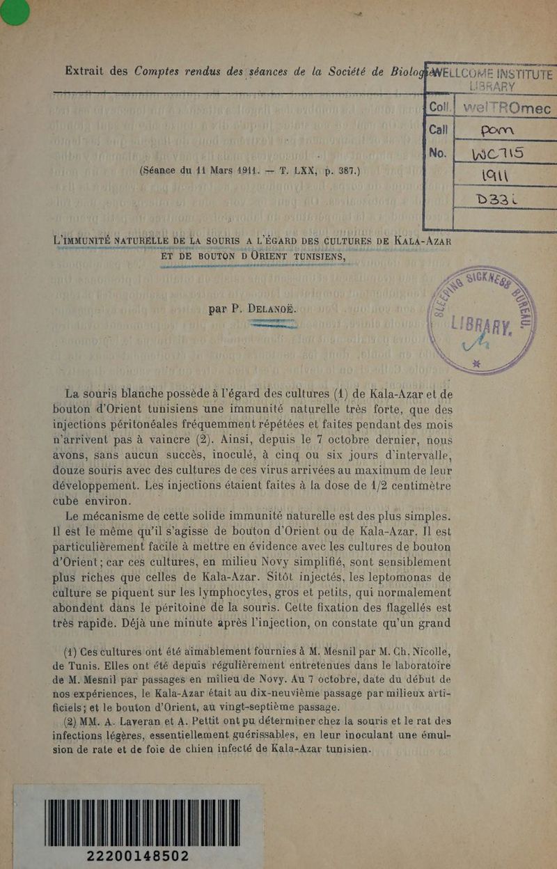 Fi ends RL AE EE Se SERRE Tr) Es \ NC As , À | Extrait des Comptes rendus des séances de la Société de Biolo EIN NSYITUTE r À RAY +/ ANELLC UME (Séance du 11 Mars 4911. — T. LXX, p. 387.) L'IMMUNITÉ NATURELLE DE LA SOURIS A L'ÉGARD DES CULTURES DE KaLA- AZAR Me rh red ATH 4 NS PET ET DE BOUTON D ORIENT TUNISIENS, er Etes PÉNALES TA nr Tr CET SCENE PO CC vor Ne Ne APN par P. DELANOË. (> @) De gr is | 4 L'| Hs 0 À FE y Ca . \ | À ; L ; V7 À # La souris blanche possède à l'égard des cultures (1) de Kala-Azar et de bouton d'Orient tunisiens une immunité naturelle très forte, que des injections péritonéales fréquemment répétées et faites pendant des mois n'arrivent pas à vaincre (2). Ainsi, depuis le 7 octobre dernier, nous avons, Sans aucun succès, inoculé, à cinq ou six jours d'intervalle, douze souris avec des cultures de ces virus arrivées au maximum de leur développement. Les injections étaient faites à la dose de 1/2 centimètre cube environ. Le mécanisme de cette solide immunité naturelle est des plus simples. Il est le même qu’il s'agisse de bouton d'Orient ou de Kala-Azar. Il est particulièrement facile à mettre en évidence avec les cultures de bouton d'Orient ; car ces cultures, en milieu Novy simplifié, sont sensiblement plus riches que celles de Kala-Azar. Sitôt injectés, les leptomonas de culture se piquent sur les lymphocytes, gros et petits, qui normalement abondent dans le péritoine de la souris. Cette fixation des flagellés est très rapide. Déjà une minute après l'injection, on constate qu’un grand (4) Ces cultures ont été aimablement fournies à M. Mesnil par M. Ch. Nicolle, de Tunis. Elles ont été depuis régulièrement entretenues dans le laboratoire de M. Mesnil par passages en milieu de Novy. Au 7 octobre, date du début de nos'expériences, le Kala-Azar était au dix-neuvième passage par milieux arti- ficiels ; et le bouton d'Orient, au vingt-septième passage. (2) MM. A. Laveran et A. Pettit ont pu déterminer chez la souris et le rat des infections légères, essentiellement guérissables, en leur inoculant une émul- sion de rate et de foie de chien infecté de Kala-Azar tunisien. LIL 22200148502 A EU