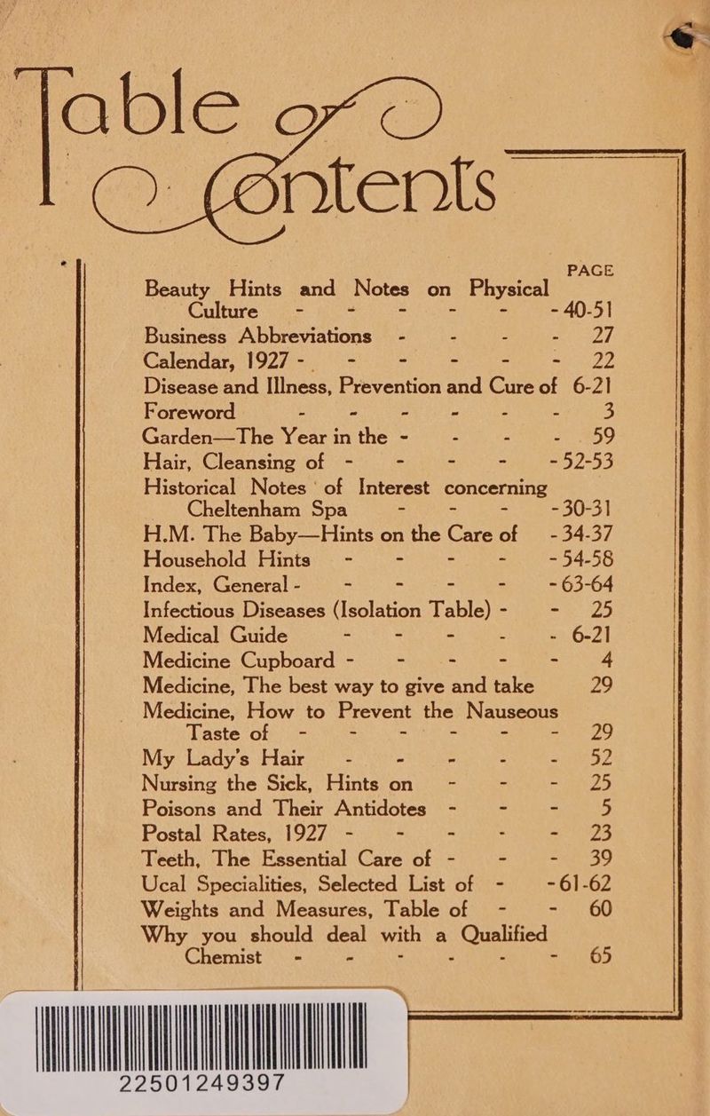 Obes Ol Sam PAGE Beauty Hints and Notes on Physi ulture = - Business A chats - : 2 SRE TM | Calendar, 1927-__ - - - - ey, Disease and Illness, Prevention and Cure of 6-2] Foreword - - - - - 3 Garden—The Year in he ~ - - oe 859 Hair, Cleansing of - - - - - 52-53 Historical Notes of Interest concerning 3 Cheltenham Spa - - - - 30-3] H.M. The Baby—Hints on the Care of — - 34-37 Household Hints’ - - - - ~ 54-58 Index, General - - - - - - 63-64 Infectious Diseases (Isolation Table) - Sd Se Medical Guide - - - 4 - 6-21 Medicine Cupboard - - - - - “4 Medicine, The best way to give and take 29 Medicine, How to Prevent the Nauseous Taste of - - - - - - 29 My Lady’s Hair - - - - ark Y Nursing the Sick, Hints on - - = ree Poisons and Their Antidotes - - - 5 Postal Rates, 1927 - - - : a 23 Teeth, The Essential Care of - - - 39 Ucal Specialities, Selected List of - - 61-62 Weights and Measures, Table of - - 60 Why you should deal with a Ooty Chemist - i sade 7 WIN