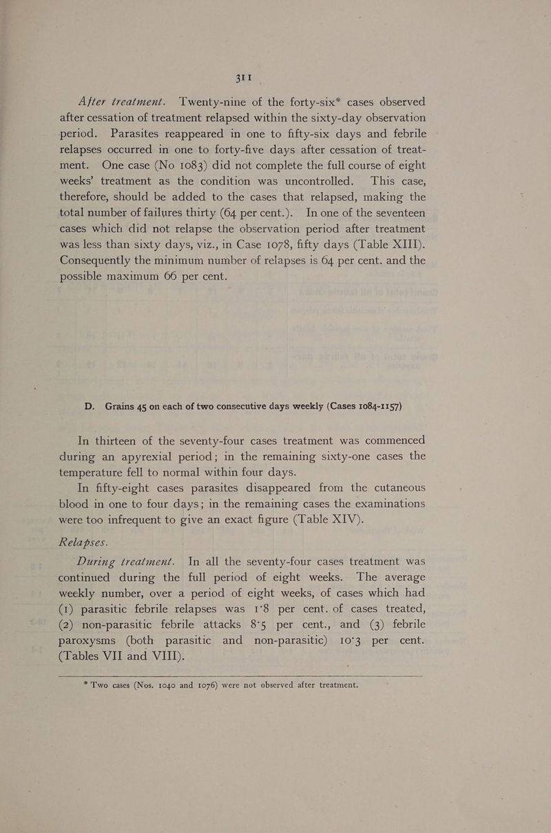 After treatment. ‘Twenty-nine of the forty-six* cases observed after cessation of treatment relapsed within the sixty-day observation period. Parasites reappeared in one to fifty-six days and febrile relapses occurred in one to forty-five days after cessation of treat- ment. One case (No 1083) did not complete the full course of eight weeks’ treatment as the condition was uncontrolled. This case, therefore, should be added to the cases that relapsed, making the total number of failures thirty (64 per cent.). In one of the seventeen cases which did not relapse the observation period after treatment was less than sixty days, viz., in Case 1078, fifty days (Table XIII). Consequently the minimum number of relapses is 64 per cent. and the possible maximum 66 per cent. D. Grains 45 on each of two consecutive days weekly (Cases 1084-1157) In thirteen of the seventy-four cases treatment was commenced during an apyrexial period; in the remaining sixty-one cases the temperature fell to normal within four days. In fifty-eight cases parasites disappeared from the cutaneous blood in one to four days; in the remaining cases the examinations were too infrequent to give an exact figure (Table XIV). Relapses. During treatment. In all the seventy-four cases treatment was continued during the full period of eight weeks. The average weekly number, over a period of eight weeks, of cases which had (1) parasitic febrile relapses was 1°8 per cent. of cases treated, (2) non-parasitic febrile attacks 8°5 per cent., and (3) febrile paroxysms (both parasitic and non-parasitic) 10°3 per cent. (Tables VII and VIII).