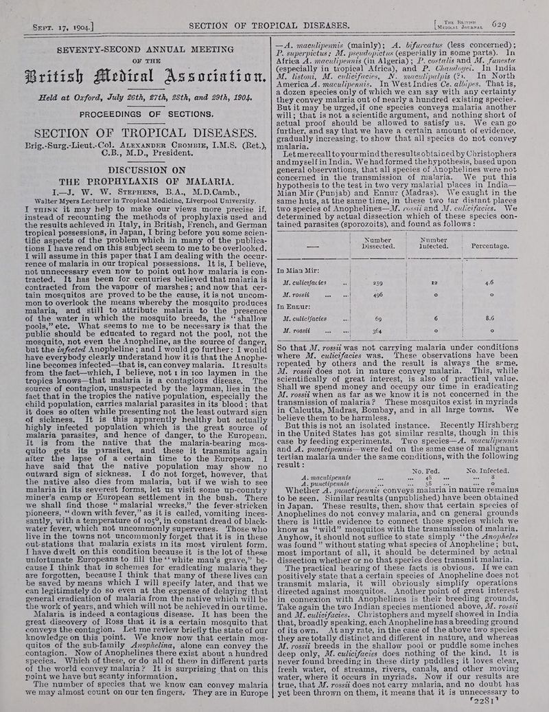 Pe 2 SEVENTY-SECOND ANNUAL MEETING OF THE British Medical Association. Held at Oxford, July 26th, 27th, 28th, and 29th, 1904. PROCEEDINGS OF SECTIONS. SECTION OF TROPICAL DISEASES. Brig.-Surg.-Lieut.-Col. ALEXANDER OromblE, I.M.S. (Ret.), C.B., M.D., President. DISCUSSION ON THE PROPHYLAXIS OF MALARIA. IJ. W. W. Strepxens, B.A., M.D.Camb., Walter Myers Lecturer in Tropical Medicine, Liverpool University. I romk it may help to make our views more precise if, instead of recounting the methods of prophylaxis used and the results achieved in Italy, in British, French, and German tropical possessions, in Japan, I bring before you some scien- tific aspects of the problem which in many of the publica- tions I have read on this subject seem to me to be overlooked. { will assume in this paper that I am dealing with the occur- rence of malaria in our tropical possessions. It is, I believe, not unnecessary even now to point out how malaria is con- tracted. It has been for centuries believed that maiaria is contracted from the vapour of marshes; and now that cer- tain mosquitos are proved to be the cause, it is not uncom- mon to overlook the means whereby the mosquito produces malaria, and still to attribute malaria to the presence of the water in which the mosquito breeds, the ‘shallow pools,” ete. What seems to me to be necessary is that the public should be educated to regard not the pool, not the mosquito, not even the Anopheline, as the source of danger, but the infected Anopheline ; and I would go further: I would have everybody clearly understand how it is that the Anophe- line becomes infected—that is, canconvey malaria. Itresults from the fact—which, I believe, not 1 in 100 laymen in the tropics knows—that malaria is a contagious disease. The source of contagion, unsuspected by the layman, lies in the fact that in the tropics the native population, especially the child population, carries malarial parasites in its blood; that it does so often while presenting not the least outward sign of sickness. It is this apparently healthy but actually highly infected population which is the great source of malaria parasites, and hence of danger, to the European. It is from the native that the malaria-bearing mos- quito gets its parasites, and these it transmits again aiter the lapse of a certain time to the European. I have said that the native population may show no outward sign of sickness. I do not forget, however, that the native also dies from malaria, but if we wish to see malaria in its severest forms, let us visit some up-country miner’s camp or European settlement in the bush. There we shall find those ‘“ malarial wrecks,” the fever-stricken pioneers, ‘‘ down with fever,” as itis called, vomiting inces- santly, with a temperature of 105°, in constant dread of black- water fever, which not uncommonly supervenes. Those who live in the towns not uncommonly forget that itis in these out-stations that malaria exists inits most virulent form. T have dwelt on this condition because it is the lot of these unfortunate Europeans to fill the ‘‘ white man’s grave,” be- cause I think that in schemes for eradicating malaria they are forgotten, because I think that many of these lives can be saved by means which I will specify later, and that we can legitimately do so even at the expense of delaying that general eradication of malaria from the native which will be the work of years, and which will not be achieved in our time. Malaria is indeed a contagious disease. It has been the great discovery of Ross that it isa certain mosquito that conveys the contagion. Let me review briefly the state of our knowledge on this point. We know now that certain mos- quitos of the sub-family -Anophelina, alone can convey the contagion. Now of Anophelines there exist about a hundred species. Which of these, or do all of them in different parts of the world convey malaria? It is surprising that on this point we have but scanty information, : The number of species that we know can convey malaria we may almost count on our ten fingers. They are in Europe —A. maculipennis (mainly); <A. bifurcatus (less concerned) ; P. superpictus; M. pseudopictus (especially in some parts). In Africa A. maculipennis (im Algeria); P. costahs and M. funeste (especially in tropical Africa), and P. Chaudoyei. In india M. listom, M. culicifacies, N. maculipalpis (?. In _North America A. maculipennis. In West Indies Ce. albipes. That is, a dozen species only of which we can say with any certainty they convey malaria out of nearly a hundred existing species. But it may be urged,if one species conveys malaria another will; that is not a scientific argument, and nothing short of actual proof should be allowed to satisfy us. We can go further, and say that we have a certain amount of evidence, gradually increasing, to show that all species do not convey malaria. Let merecall to your mind theresults obtained by Christophers andmyselfin India. We had formed thehypothesis, based upon general observations, that all species of Anophelines were not concerned in the transmission of malaria. We put this hypothesis to the test in two very malarial places in India— Mian Mir (Punjab) and Ennur (Madras). We caught in the same huts, at the same time, in these two far distant places two species of Anophelines—J/, rossii and VM. culicifacies. We determined by actual dissection which of these species con- tained parasites (sporozoits), and found as follows: | . Number Number — Dissected. lufected. Percentage. In Miax Mir: M. culicrfactes | 259 12 | 4.6 M. rossit | 496 | ° fa) In Enxur: : | | M, culicifactes ia 69 6 8.6 M. rossti S02 sel 364 | ° ° So that M. rossii was not carrying malaria under conditions where M. culicifacies was. These observations have been repeated by others and the result is always the srme. M. rossti does not in nature convey malaria. This, while scientifically of great interest, is also of practical value. Shall we spend money and occupy our time in eradicating M. rossi when as far as we know itis not concerned in the transmission of malaria? These mosquitos exist in myriads in Calcutta, Madras, Bombay, and in all large towns. We believe them to be harmless. But this is not an isolated instance. Recently Hirshberg in the United States has got similar results, though in this case by feeding experiments. Two species—A. maculipennis and A. punctipennis—were fed on the same case of malignant tertian malaria under the same conditions, with the following result : No. Infected. A. maculipennis Se nas 48 Ree 8 A. punctipennis oat ms 58 see Vises ° Whether A. punctipennis conveys malaria in nature remains to be seen. Similar results (unpublished) have been obtained in Japan. These results, then, show that certain species of Anophelines do not convey malaria, and on general grounds there is little evidence to connect those species which we know as “wild” mosquitos with the transmission of malaria, Anyhow, it should not suffice to state simply ‘‘the Anopheles was found” without stating what species of Anopheline; but, most important of all, it should be determined by actual dissection whether or no that species does transmit malaria. The practical bearing of these facts is obvious. Ii we can positively state that a certain species of Anopheline does not transmit malaria, it will obviously simplify operations directed against mosquitos. Another point of great interest in connexion with Anophelines is their breeding grounds, Take again the two Indian species mentioned above, MM. rossiz and WM. culicifacies. Christophers and myself showed in India that, broadly speaking, each Anopheline has a breeding ground ofitsown. At any rate, in the case of the above two species they are totally distinct and different in nature, and whereas M. rossii breeds in the shallow pooi or puddle some inches deep only, M. culicifacies does nothing of the kind. It is never found breeding in these dirty puddles; it loves clear, fresh water, of streams, rivers, canals, and other moving water, where it occurs in myriads. Now if our results are true, that M. rossi does not carry malaria, and no doubt has yet been thrown on them, it means that it is unnecessary to '2281
