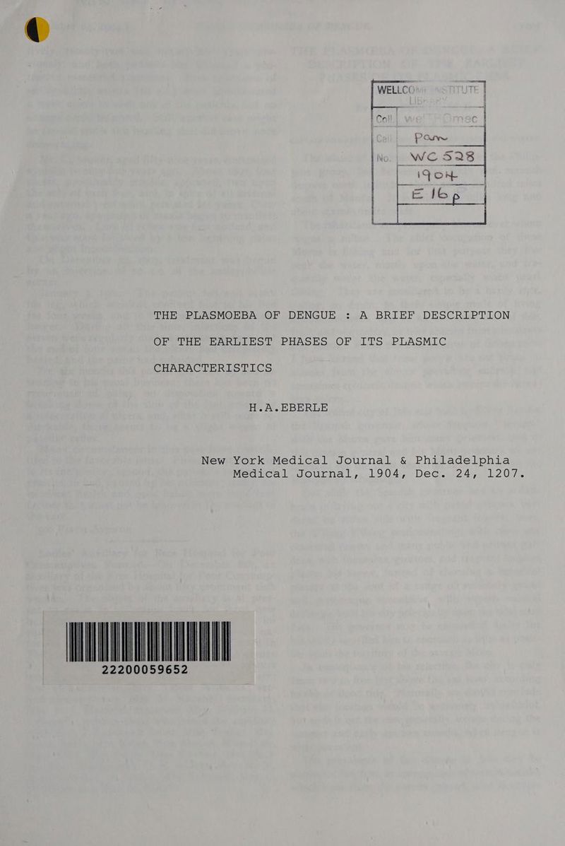 THE PLASMOEBA OF DENGUE : A BRIEF DESCRIPTION OF THE EARLIEST PHASES. OF ITS .PLASMIC CHARACTERISTICS H.A.EBERLE New York Medical Journal &amp; Philadelphia Medical Journal,. 1904, Dec. 24, 1207. UA 22200059652 Mill